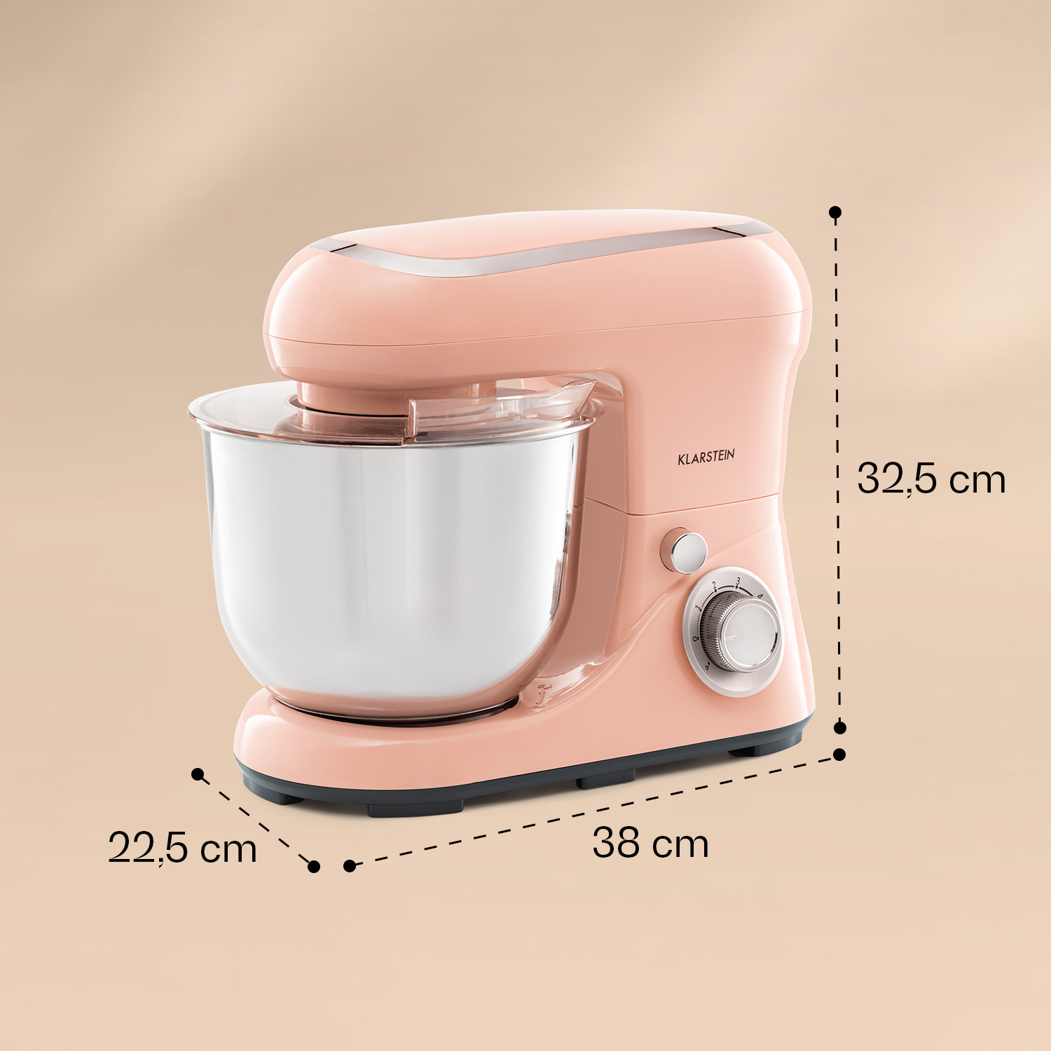 Un robot da cucina rosa con ciotola in acciaio inox, dimensioni 38x22,5x32,5 cm.