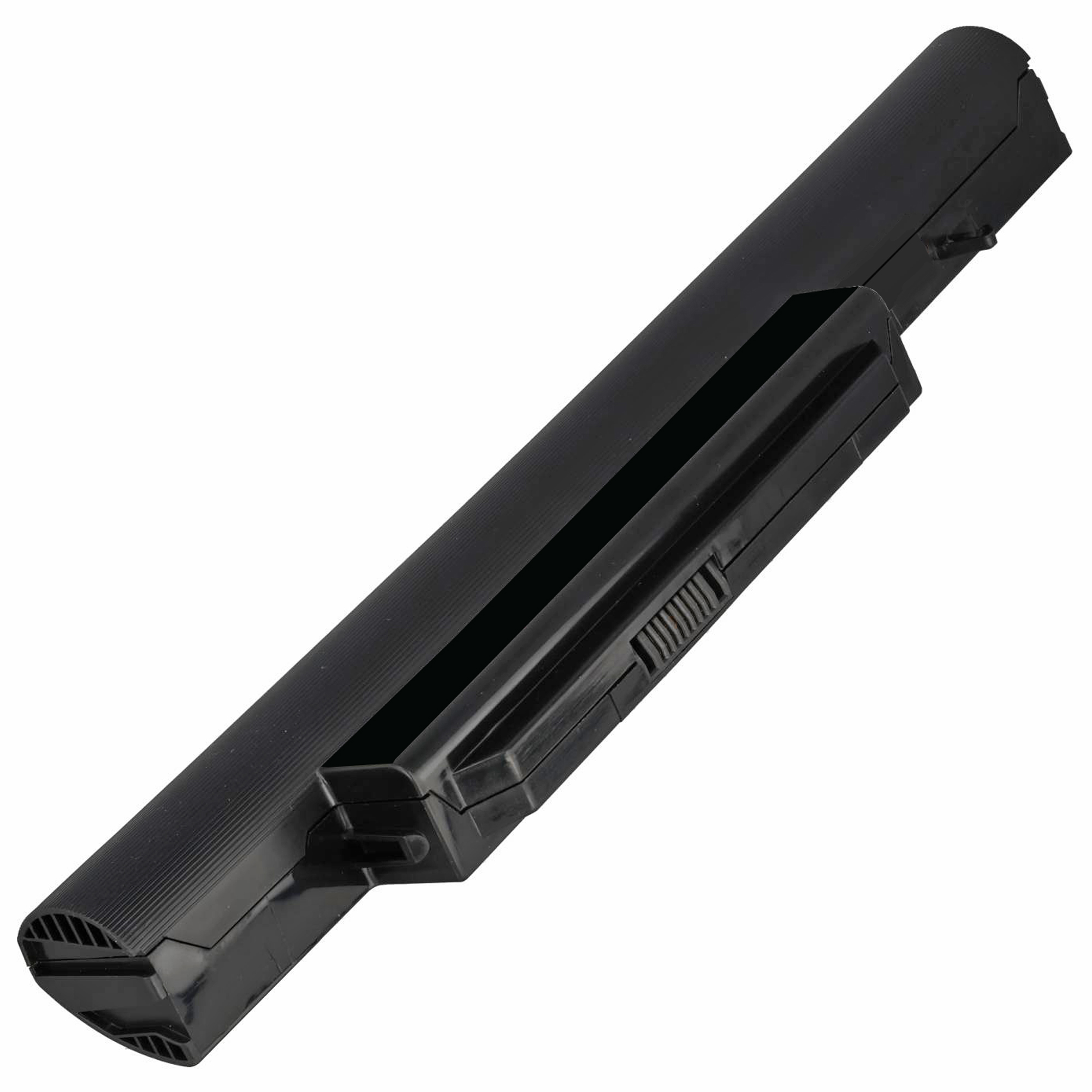 Schwarzer Laptop-Akku mit gerillter Oberfläche und Verriegelungsmechanismus.