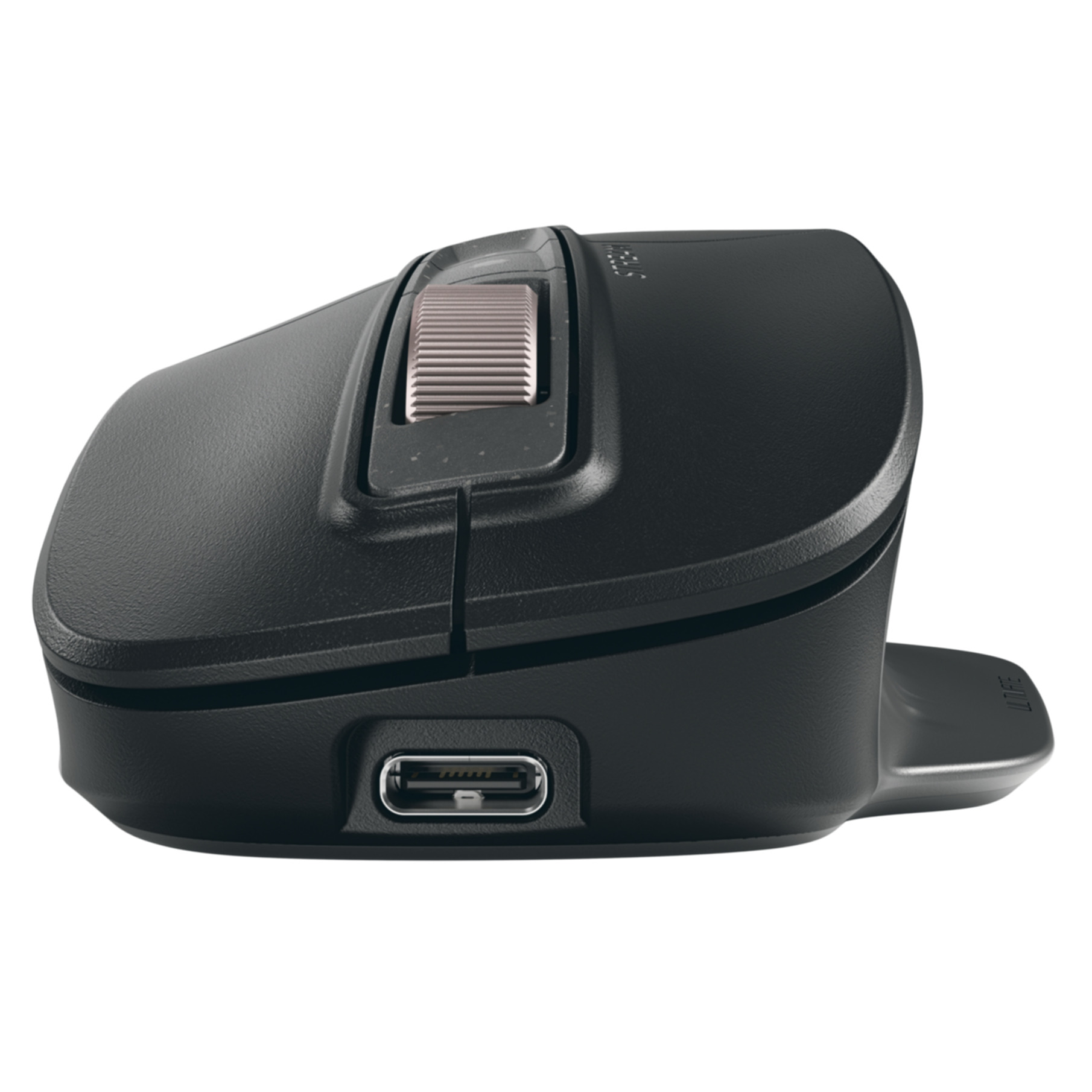 Mouse nero con porta USB-C e rotellina di scorrimento zigrinata.