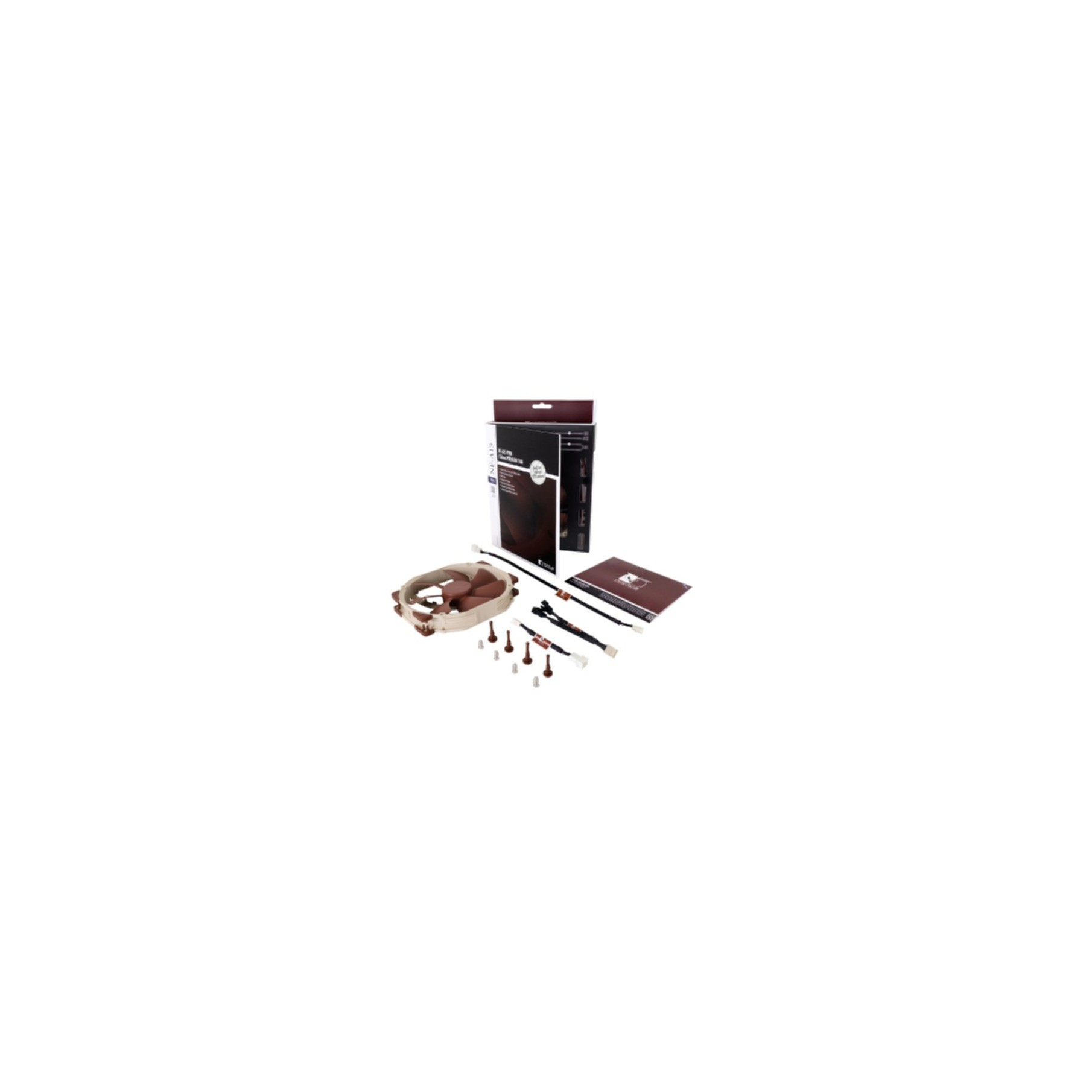 Computer fan, accessories, and packaging on a white background.