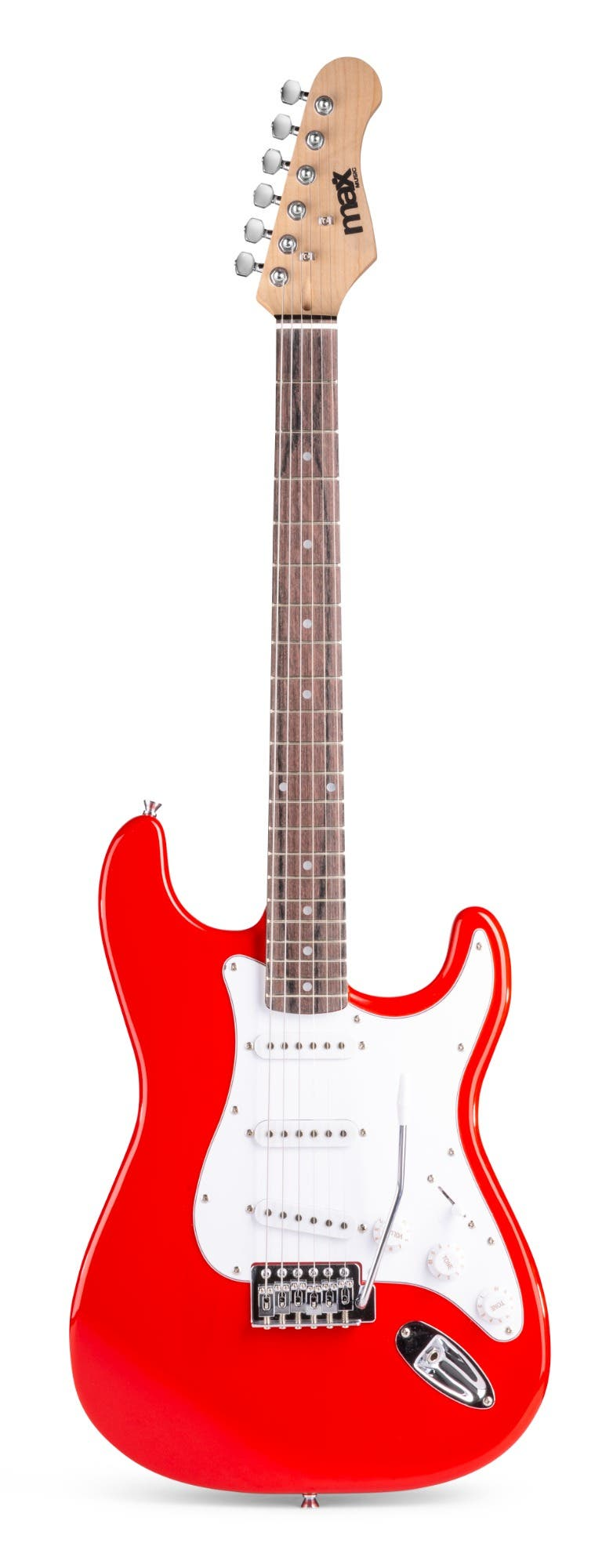Una guitarra eléctrica roja con golpeador blanco y herrajes plateados.