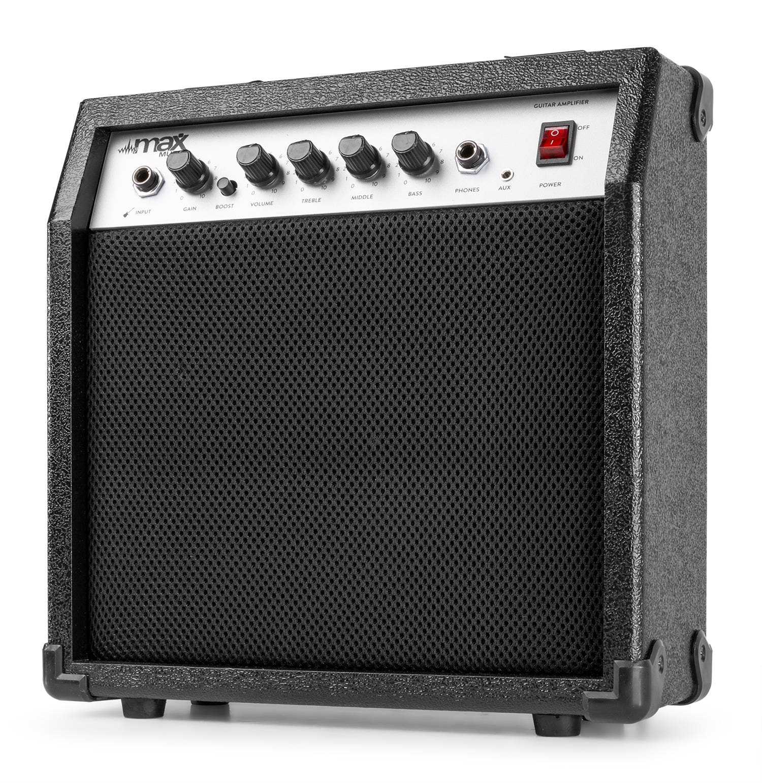 Amplificador de guitarra negro con altavoz de malla, perillas de ganancia, volumen, agudos, medios, graves y interruptor de encendido.