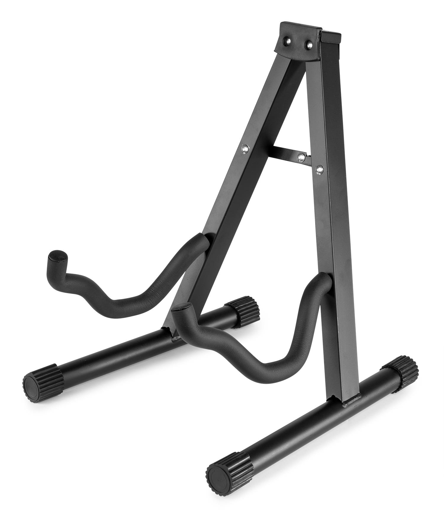 Un soporte de guitarra negro plegable con brazos acolchados y pies de goma. Diseño A.