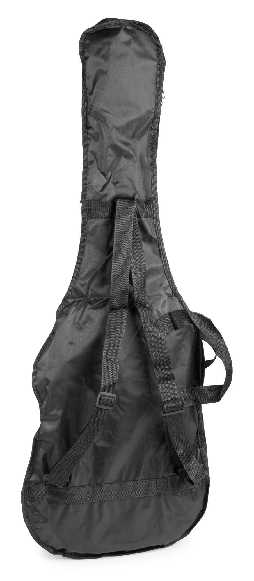 Funda de guitarra negra con correas y asas, aislada sobre fondo blanco.