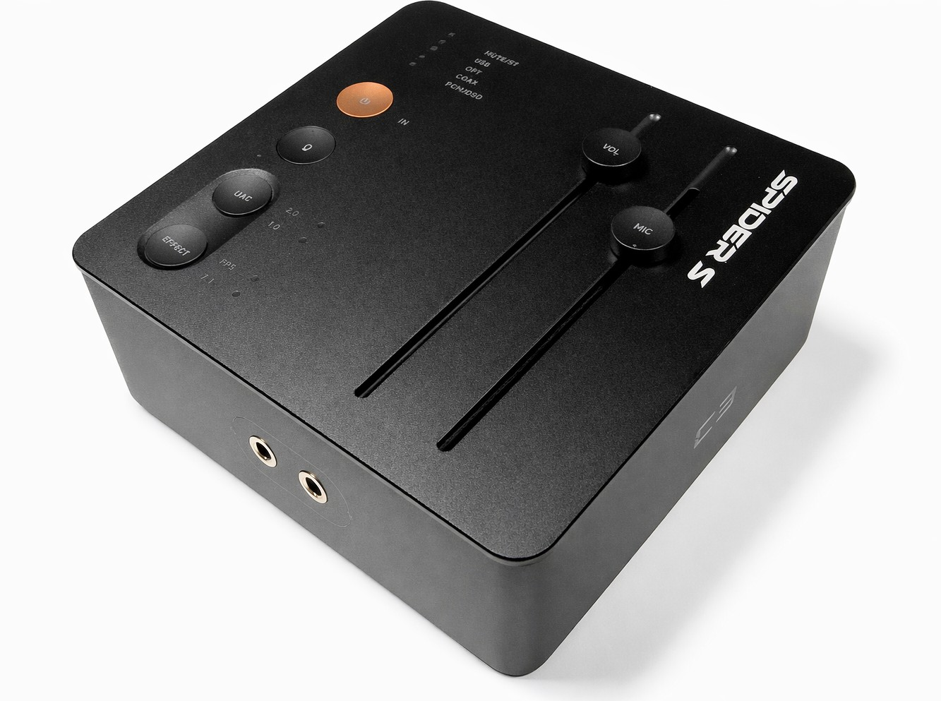 Dispositivo audio nero con cursori, pulsanti e porte.