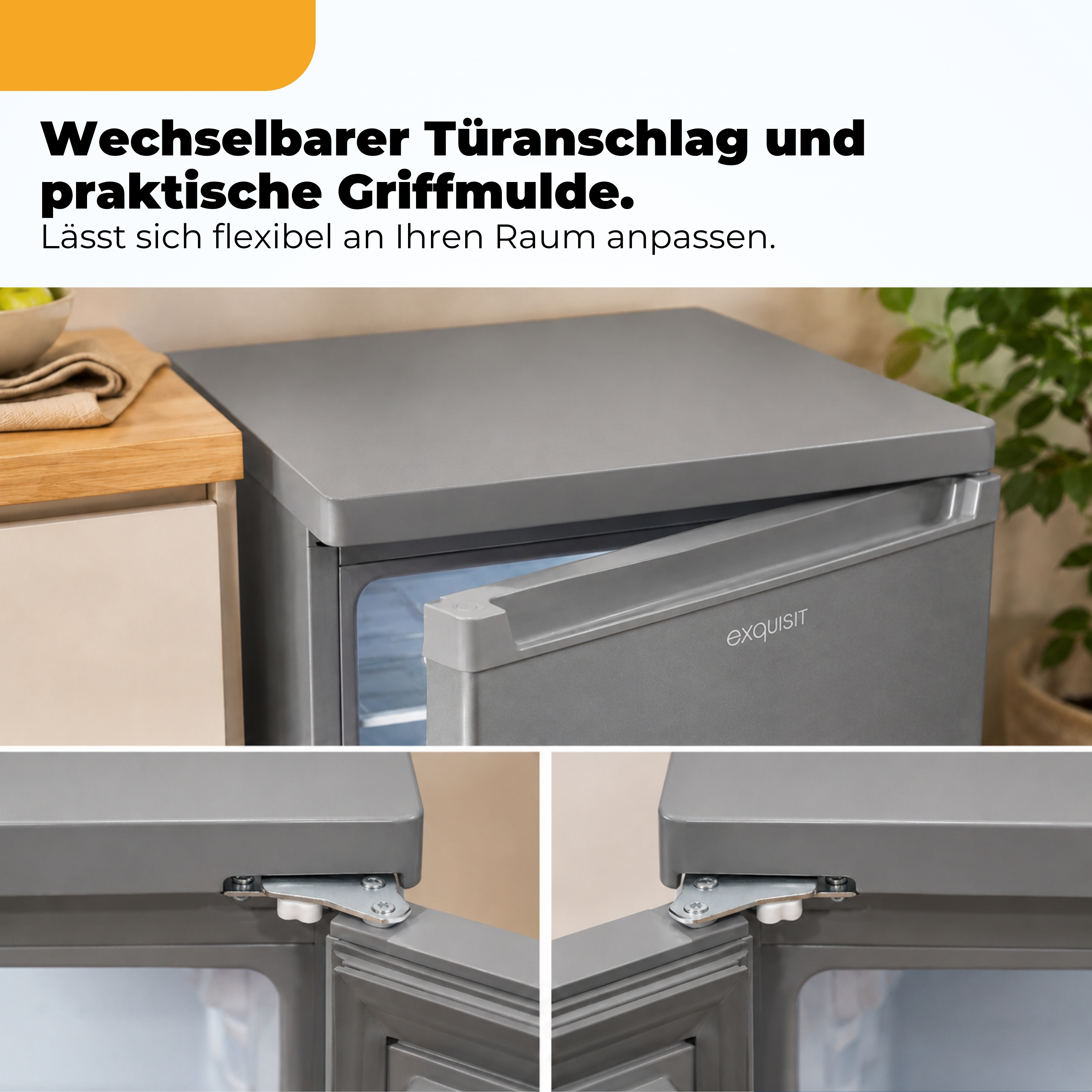 Grauer Kühlschrank mit offener Tür, detaillierte Scharniere unten.