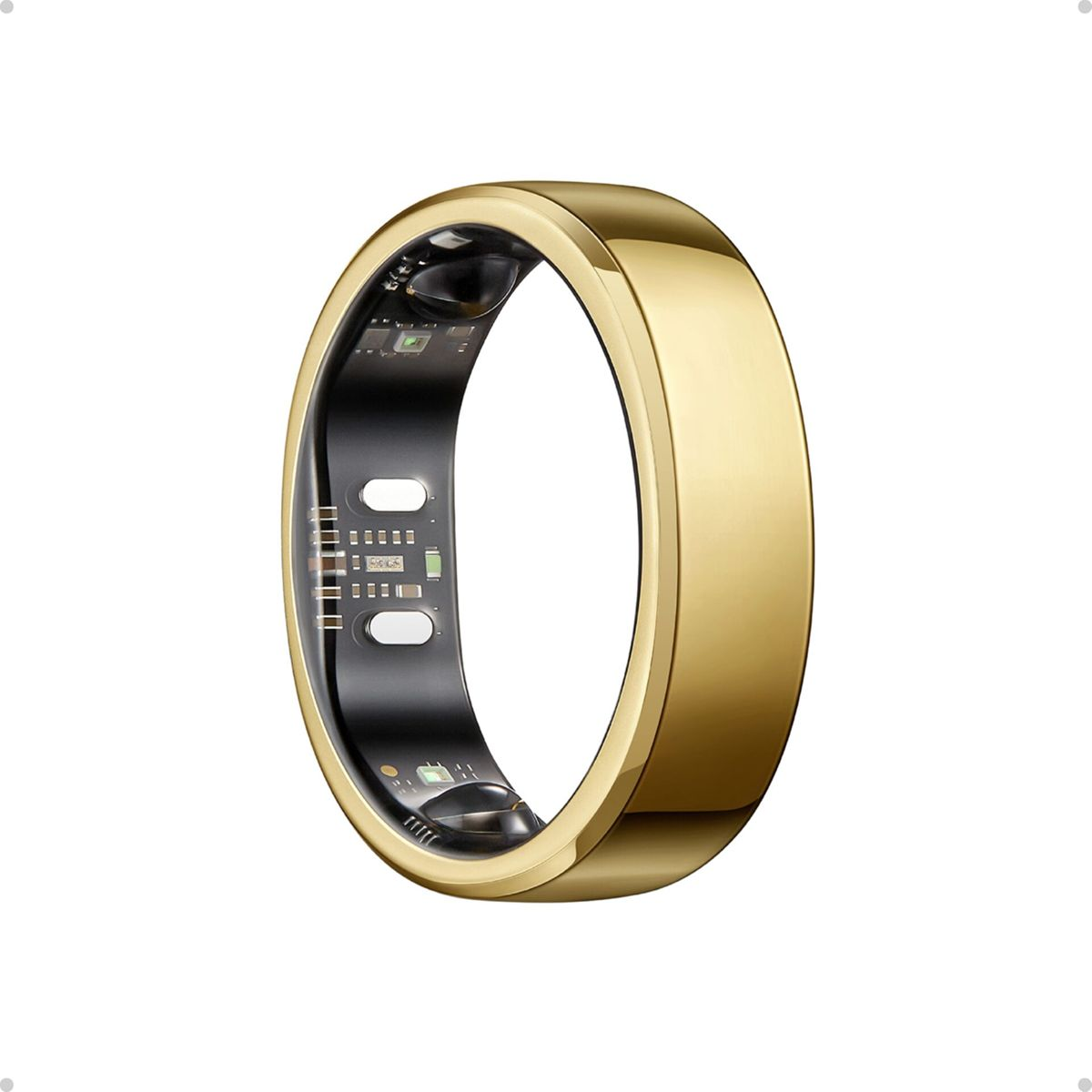 Goldener Ring mit schwarzem Hightech-Inneren, Sensoren und LEDs.