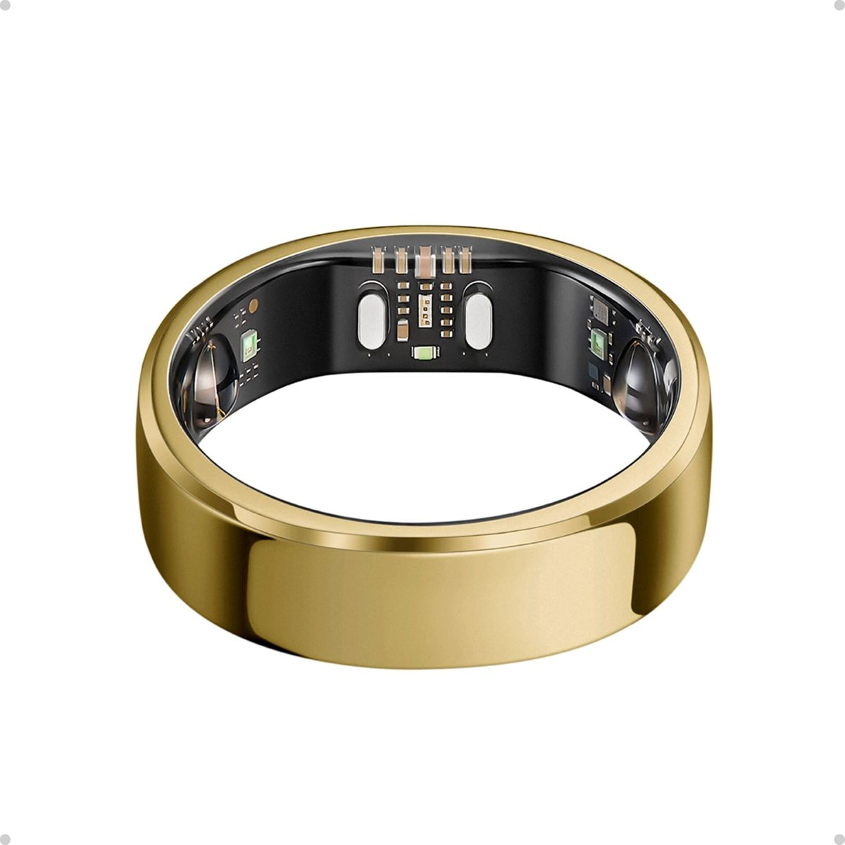 Goldener Ring mit sichtbarer Elektronik im Inneren, weiße und grüne Komponenten.