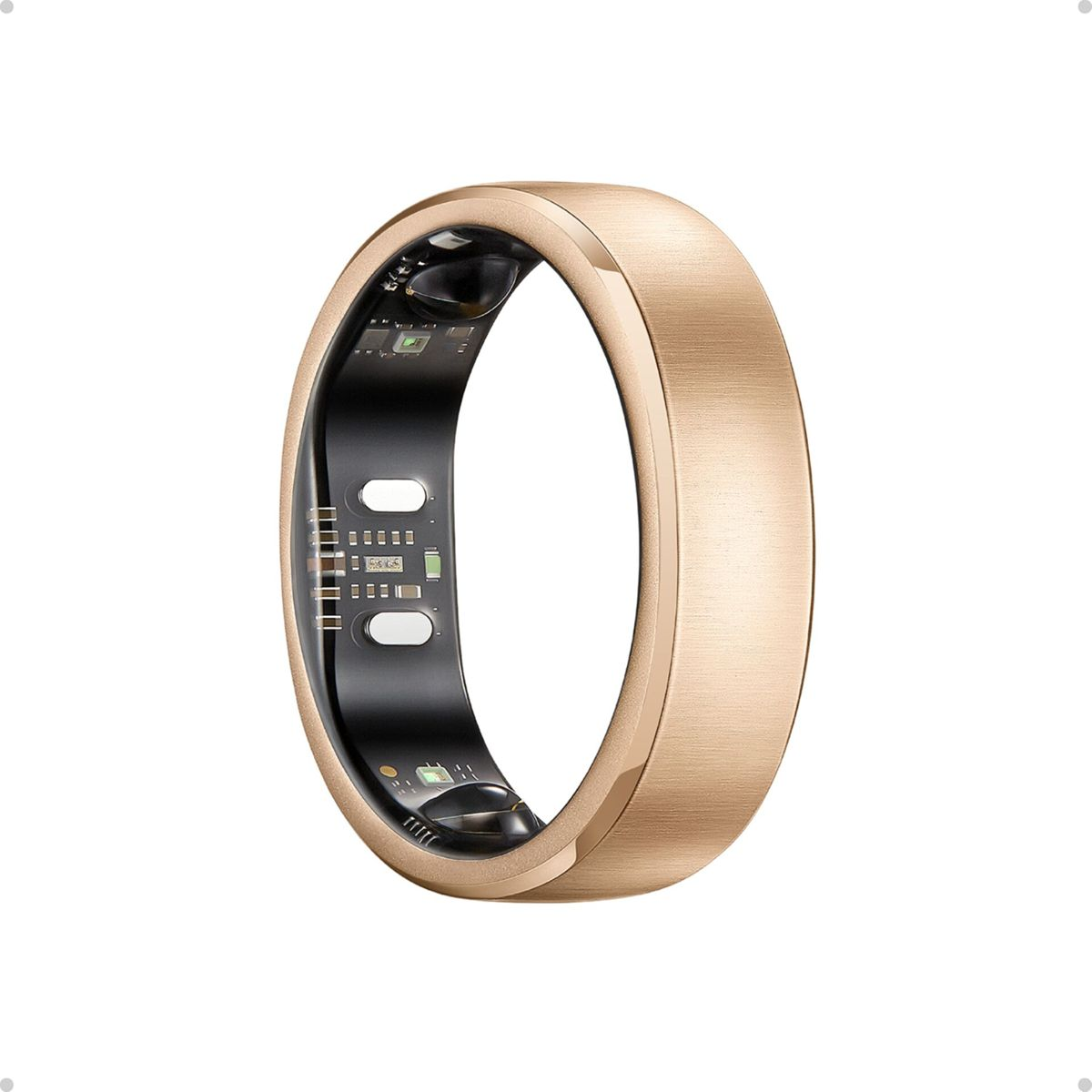 Eine goldene Smart-Ring-Vorderansicht mit sichtbarer Elektronik im Inneren.