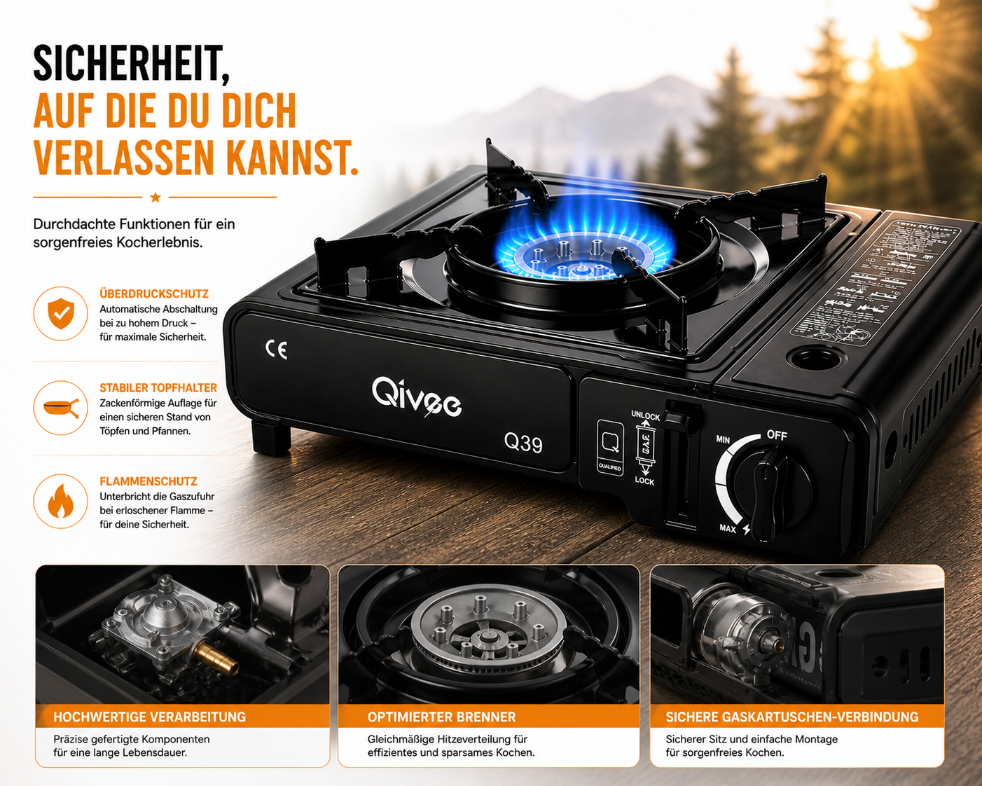 Ein tragbarer Gasherd mit blauer Flamme im Freien, mit Detailaufnahmen von Funktionen.