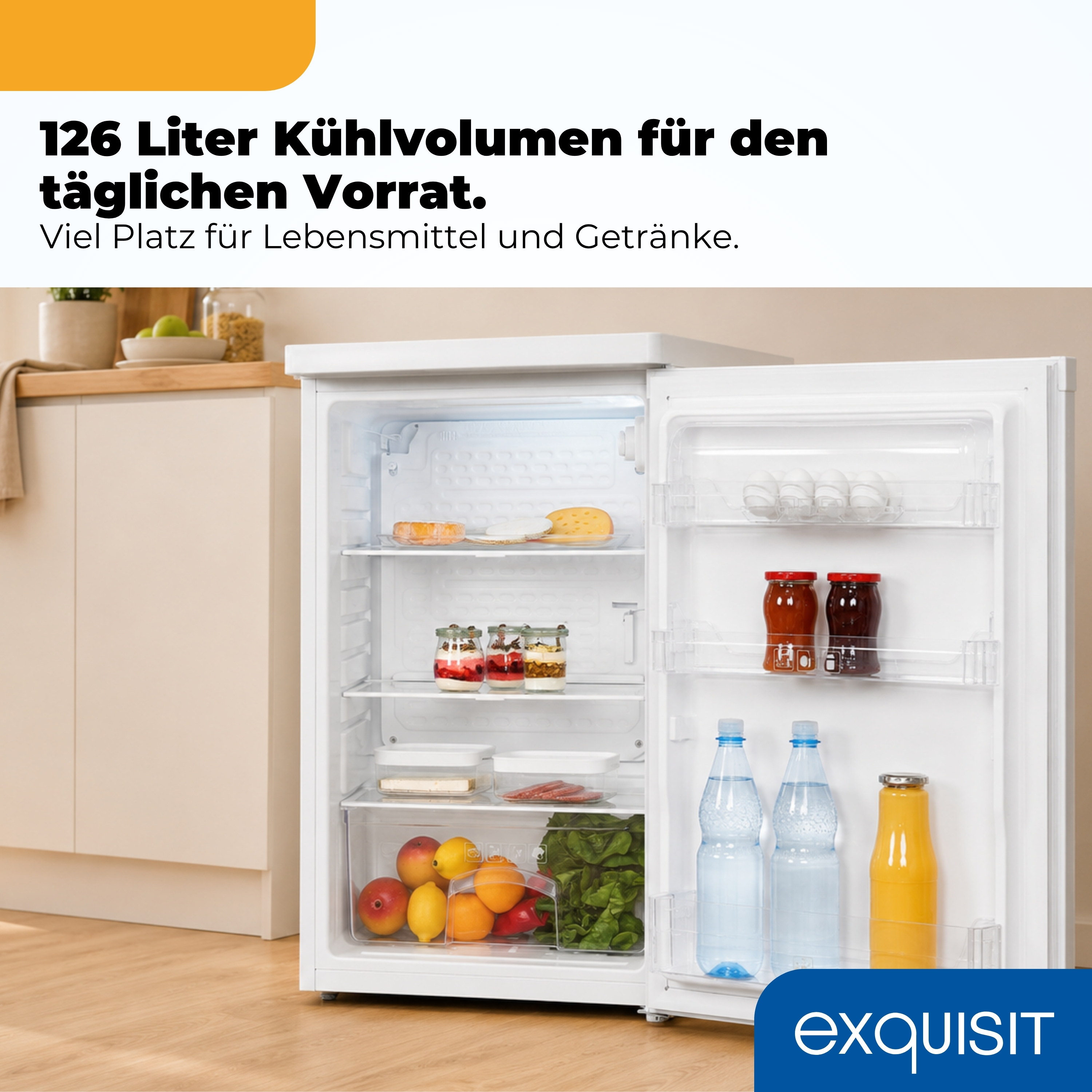 Offener Kühlschrank mit Lebensmitteln und Getränken, 126 Liter Kapazität.