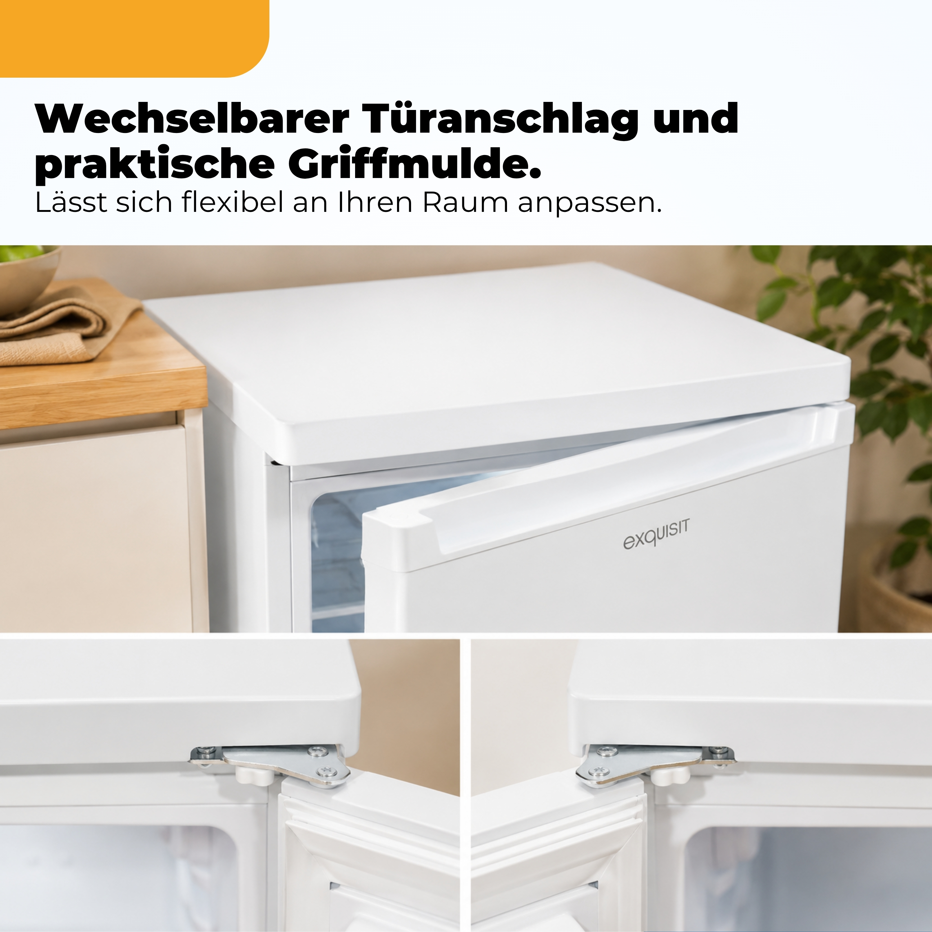 Weißer Kühlschrank mit wechselbarem Türanschlag und Griffmulde.