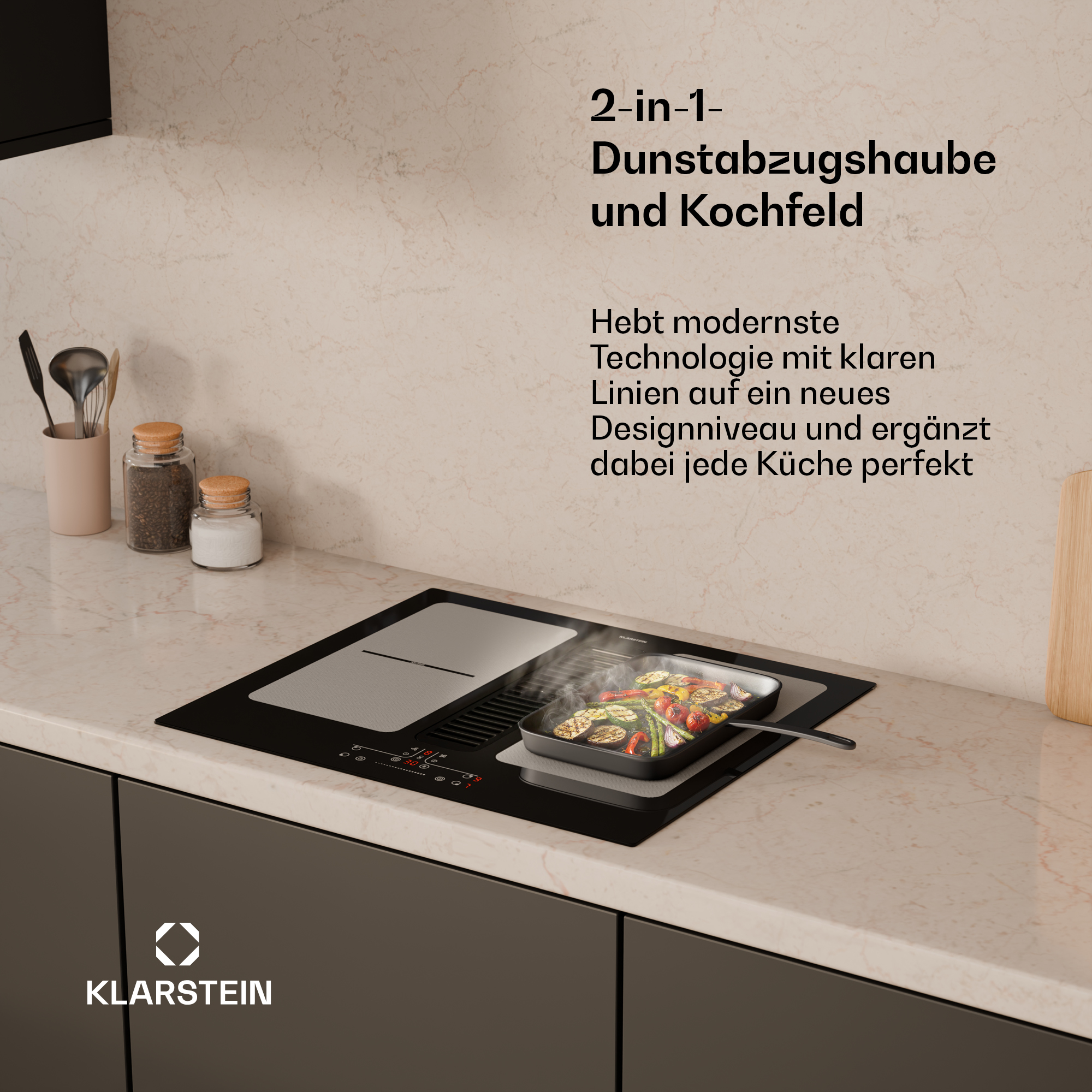 Ein 2-in-1 Dunstabzugshaube und Kochfeld mit Gemüse in einer Pfanne.