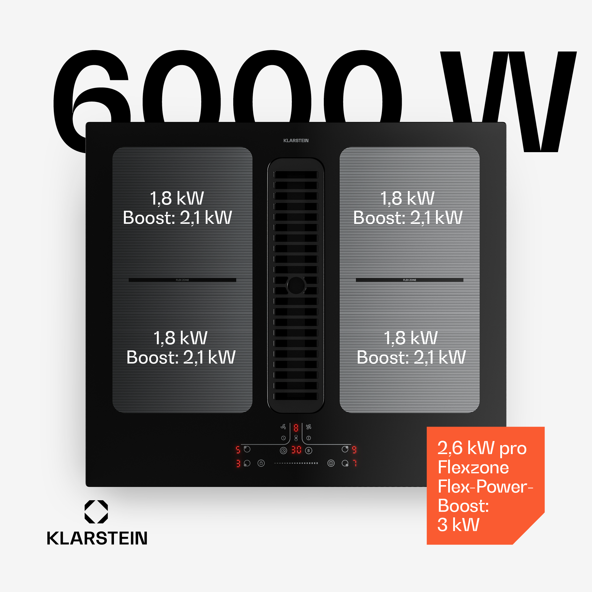 Klarstein Kochfeld mit 4 Kochzonen, 6000W Gesamtleistung und Touch-Bedienfeld.