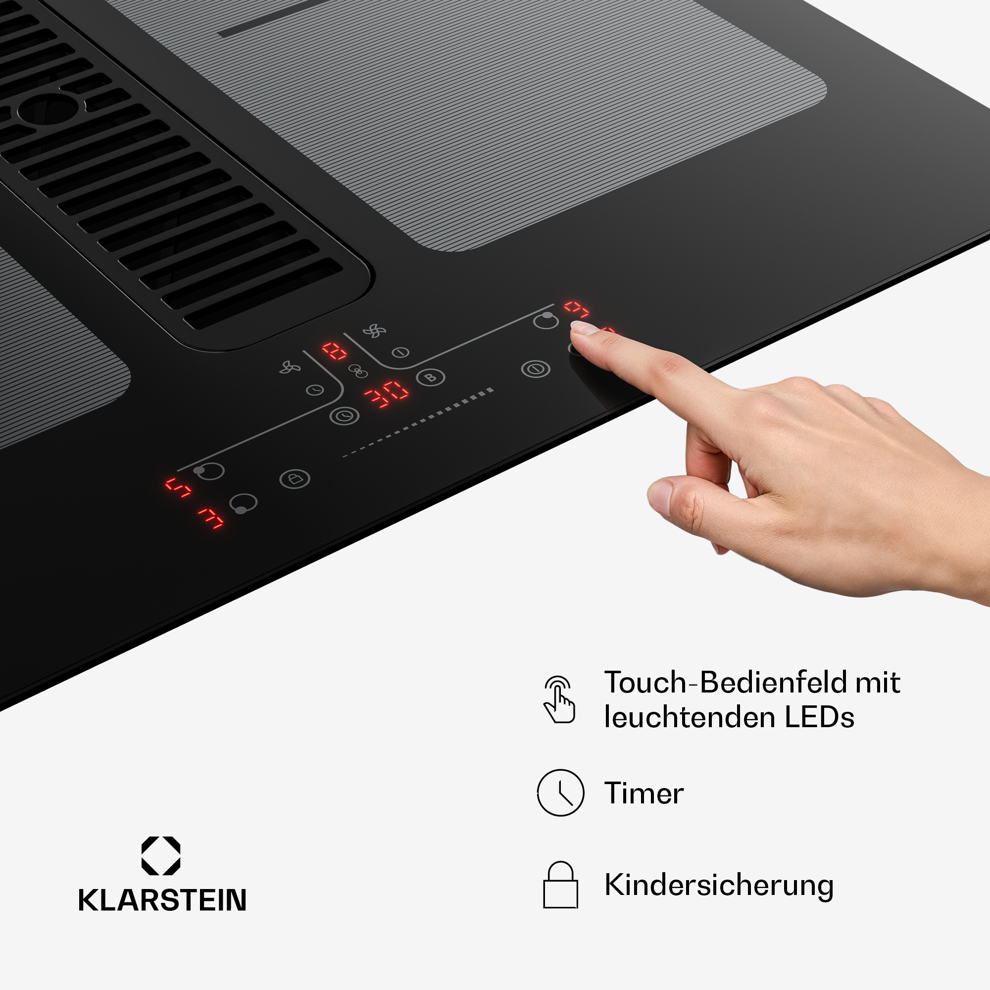 Ein Finger drückt auf das Touch-Bedienfeld einer schwarzen Kochplatte mit roten LEDs.