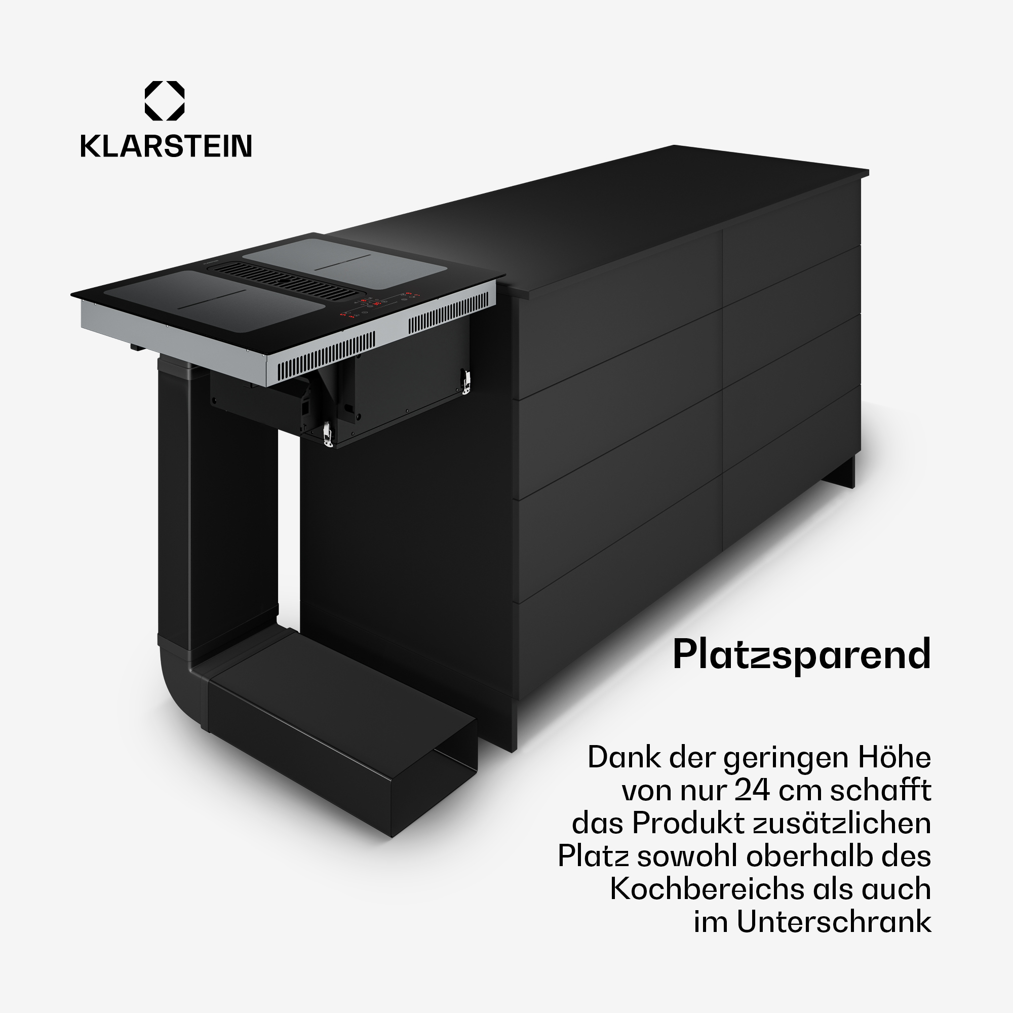Schwarzes Kochfeld mit Schubladenschrank darunter. Klarstein-Logo.