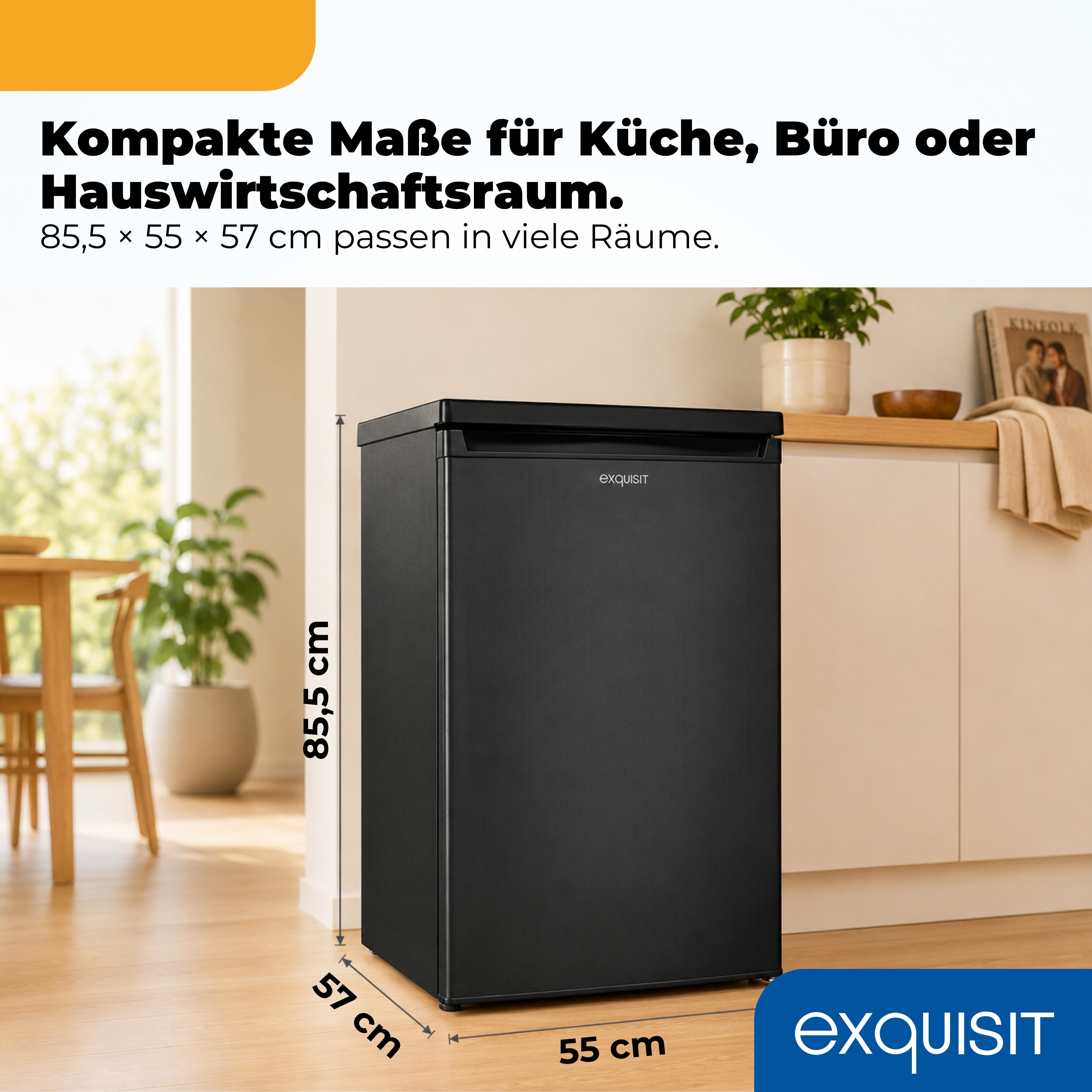 Schwarzer Kühlschrank mit Maßen 85,5x55x57cm in einem modernen Raum.