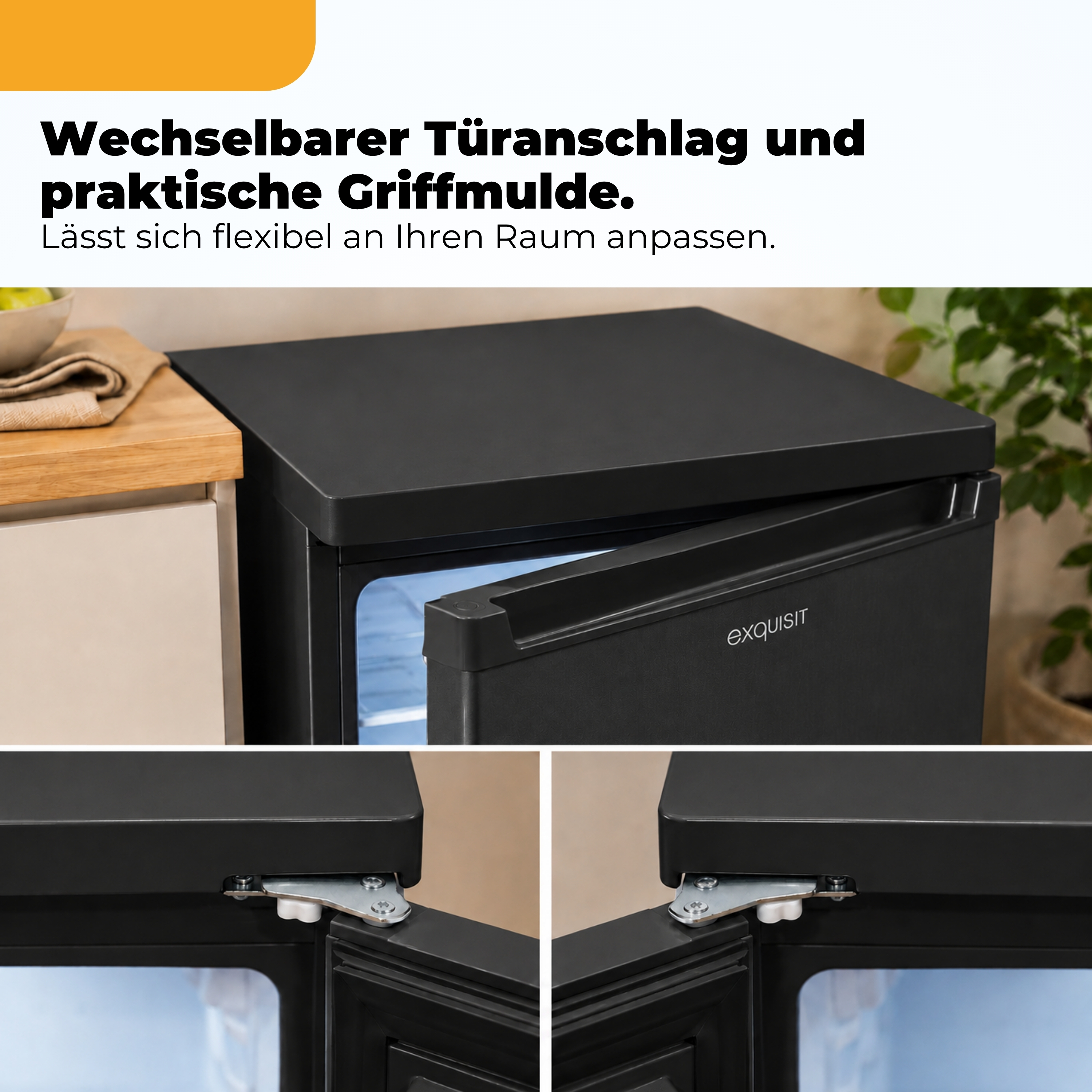 Schwarzer Kühlschrank mit offenem Fach, Fokus auf Türscharnier und Griffmulde.
