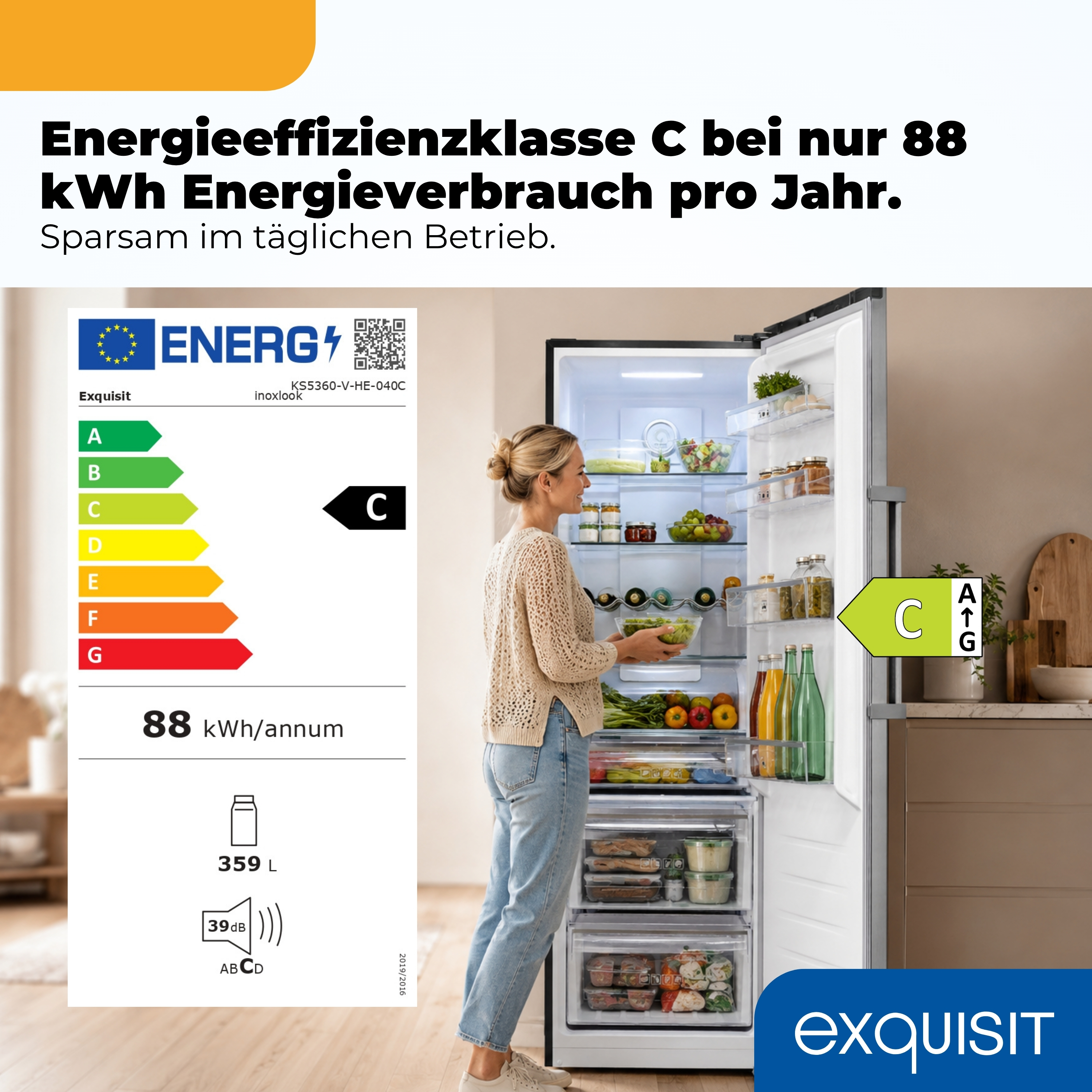 Ein Kühlschrank mit Energieeffizienzklasse C, 88 kWh/Jahr Verbrauch.