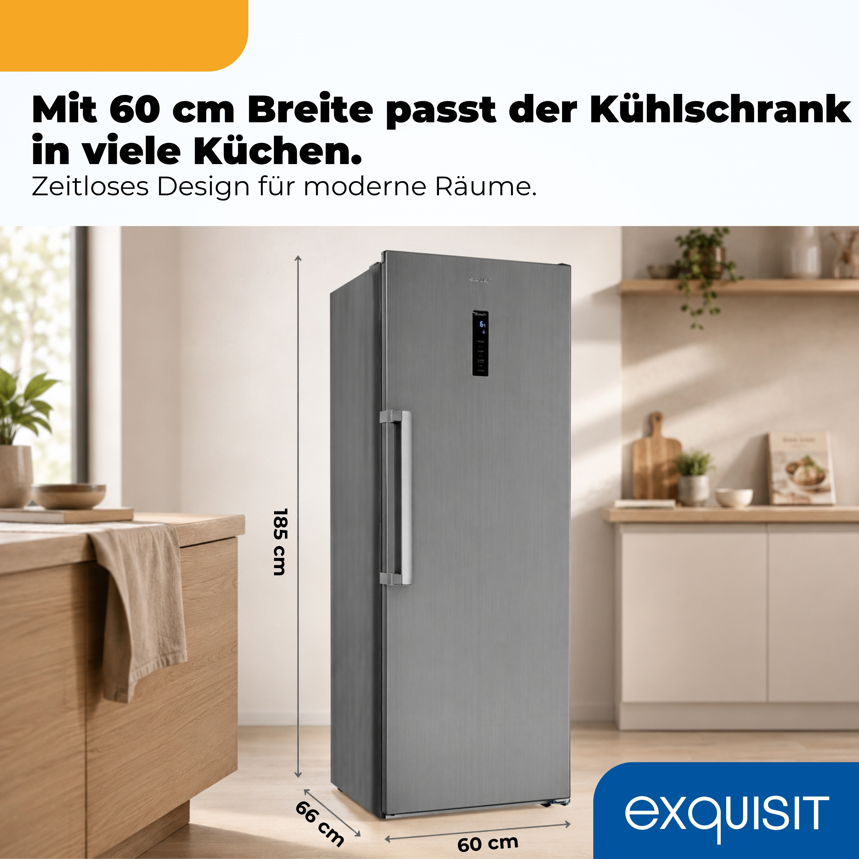 Ein silberner Kühlschrank, 185cm hoch und 60cm breit, steht in einer modernen Küche.