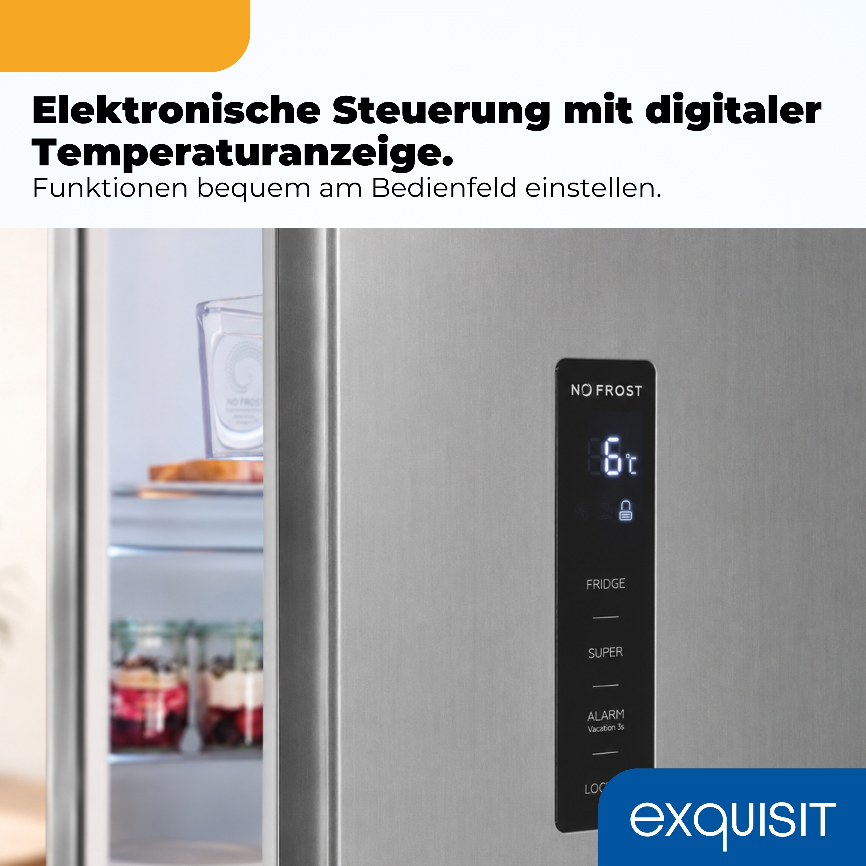 Kühlschrank mit digitaler Anzeige, die 6°C zeigt. Innen sind Lebensmittel zu sehen.