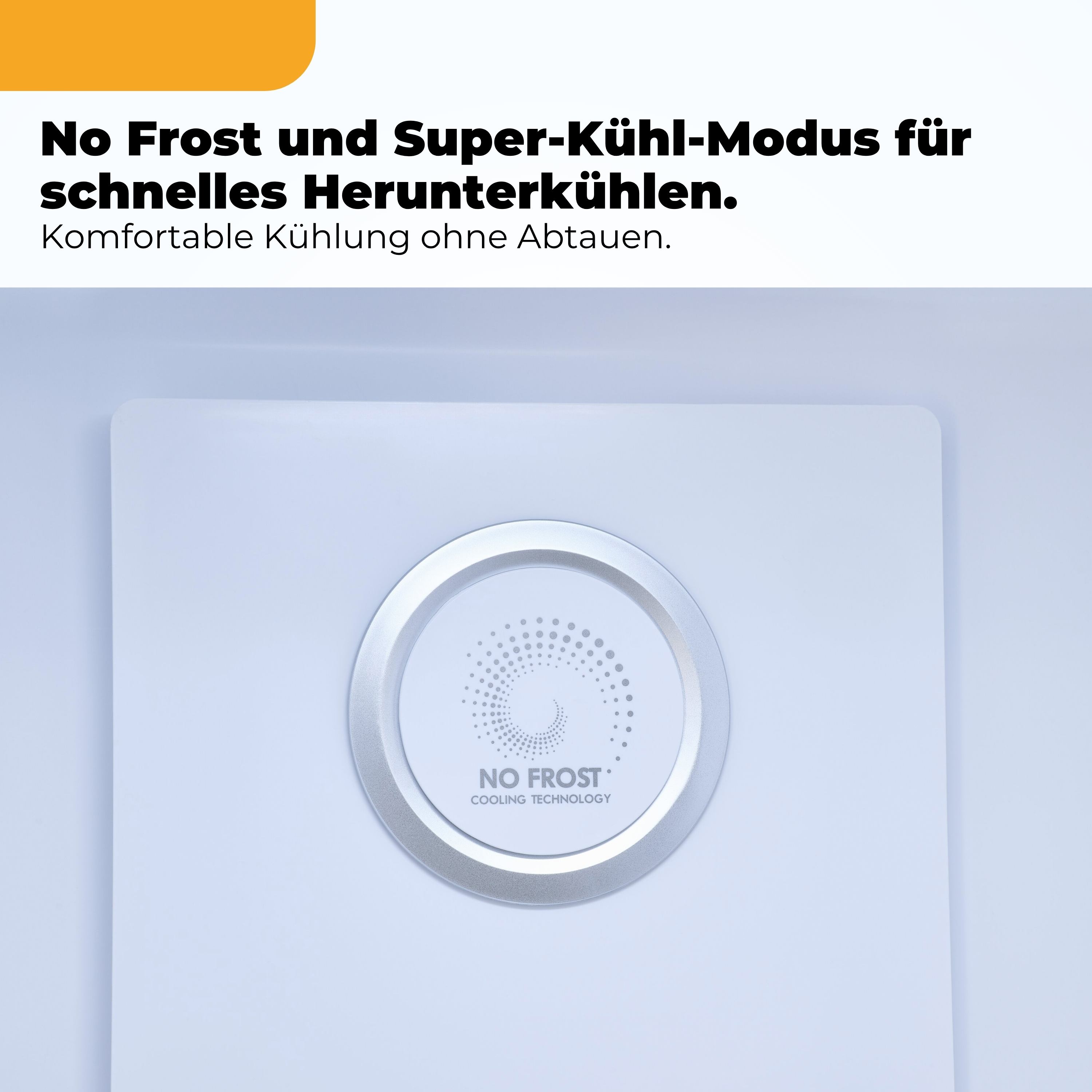Ein silberner Kreis mit Punkten und Text 'NO FROST'.