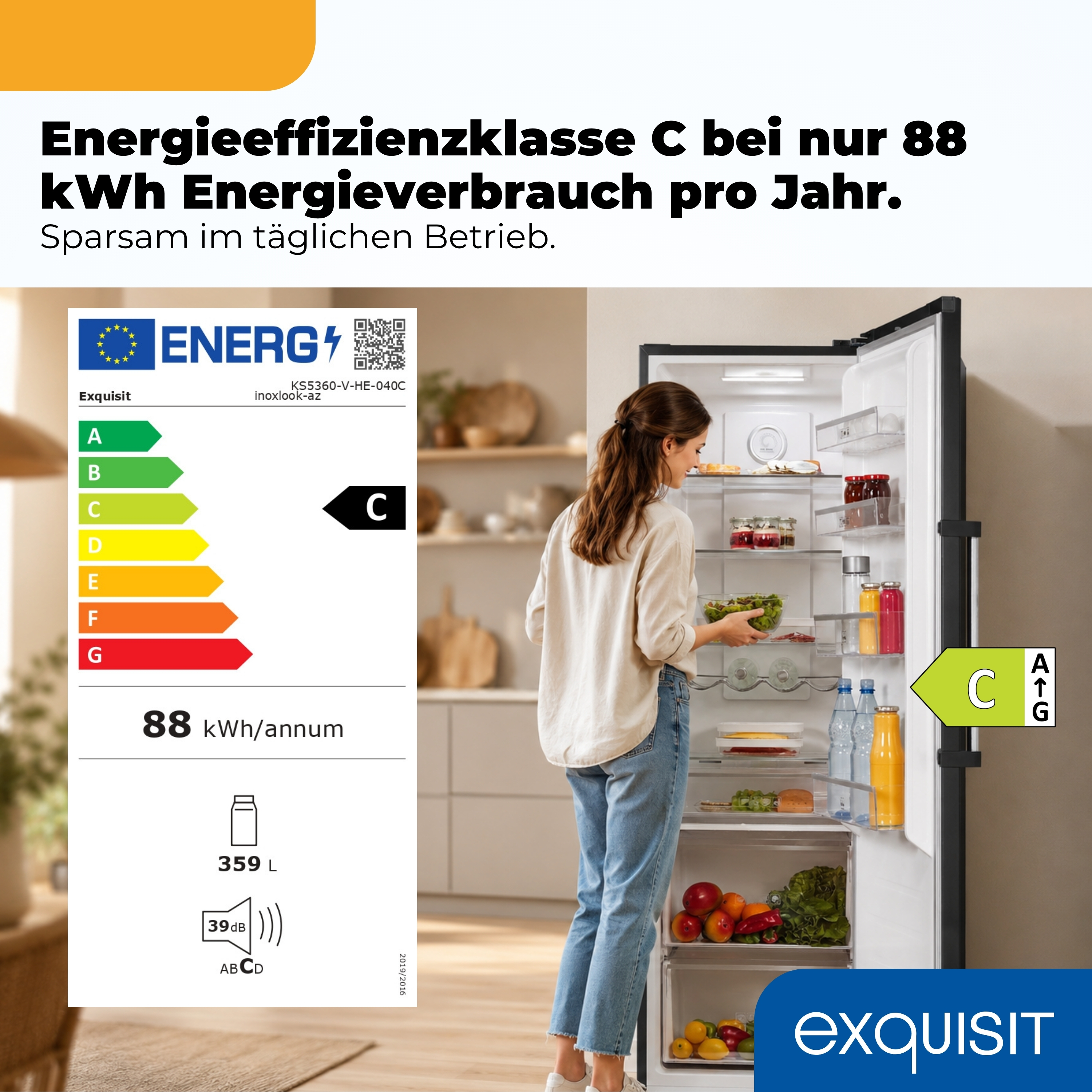 Ein Kühlschrank mit Energieeffizienzklasse C und 88 kWh Verbrauch. Daneben eine Frau.