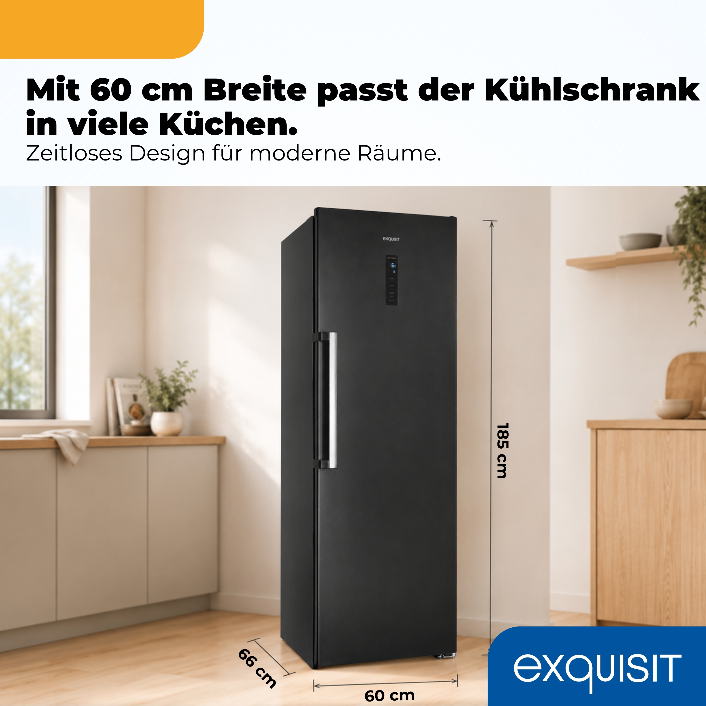 Schwarzer Kühlschrank mit 60 cm Breite und 185 cm Höhe in einer modernen Küche.