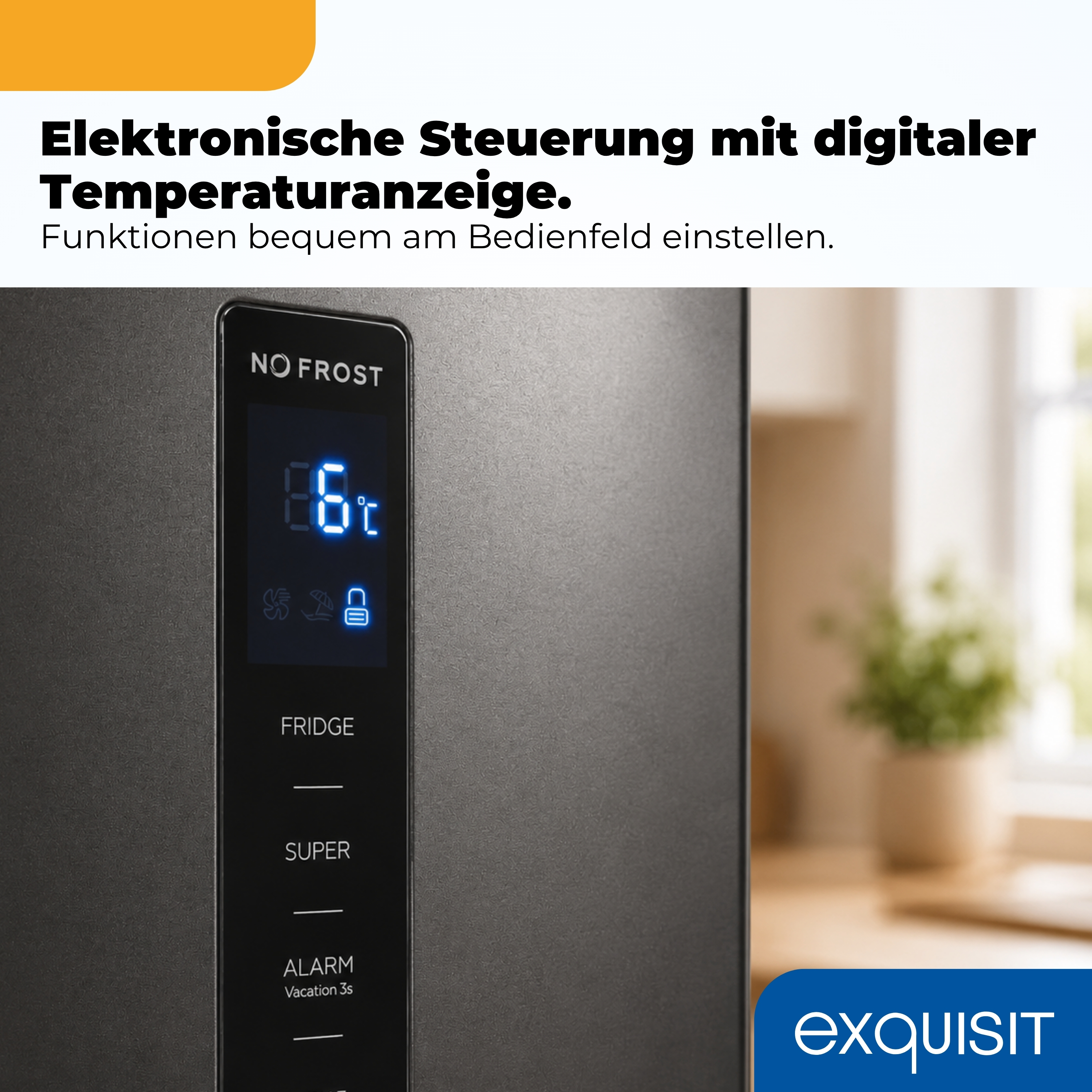 Kühlschrank-Bedienfeld mit digitaler Temperaturanzeige (6°C).