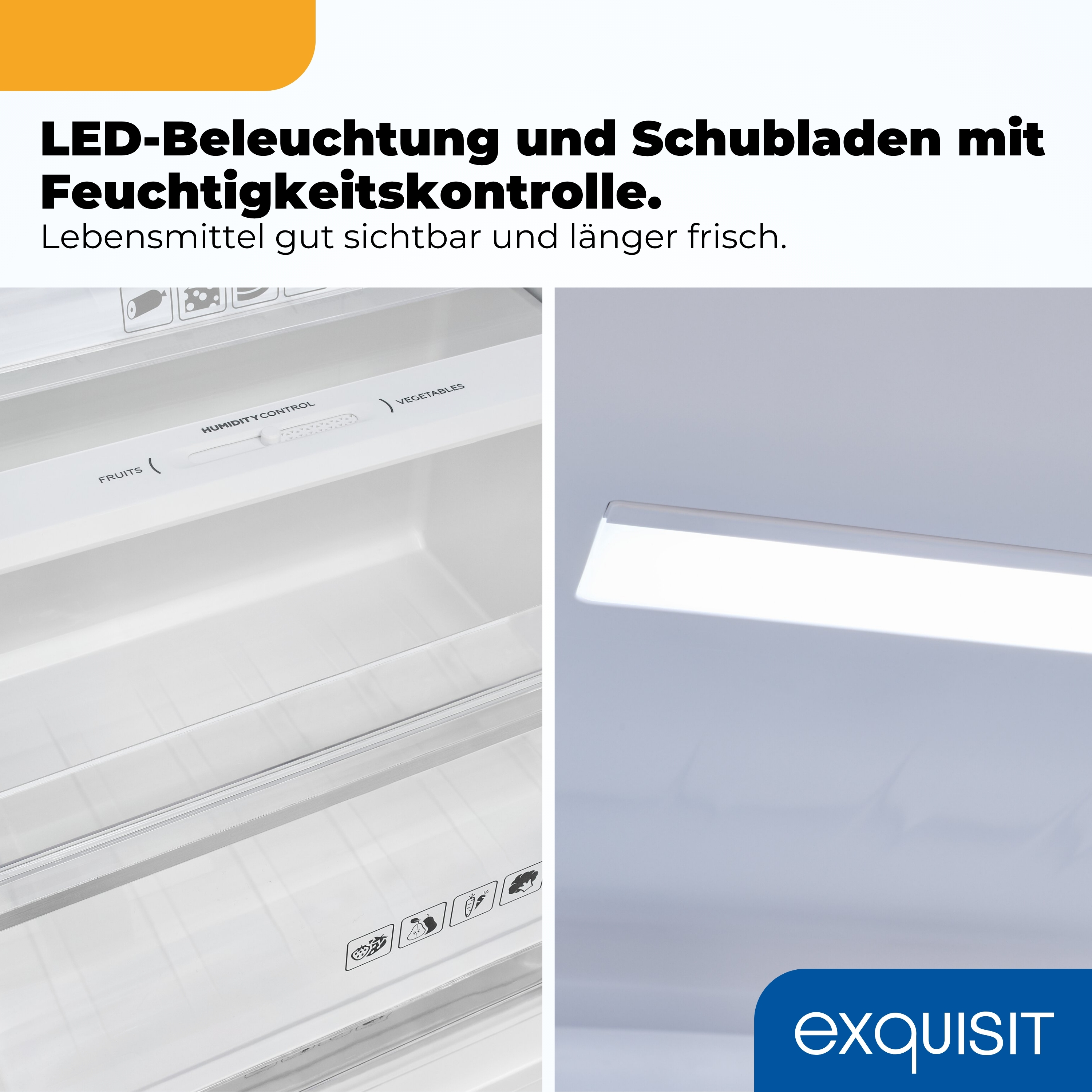 Innenansicht eines Kühlschranks mit LED-Licht und Schubladen für Obst und Gemüse.