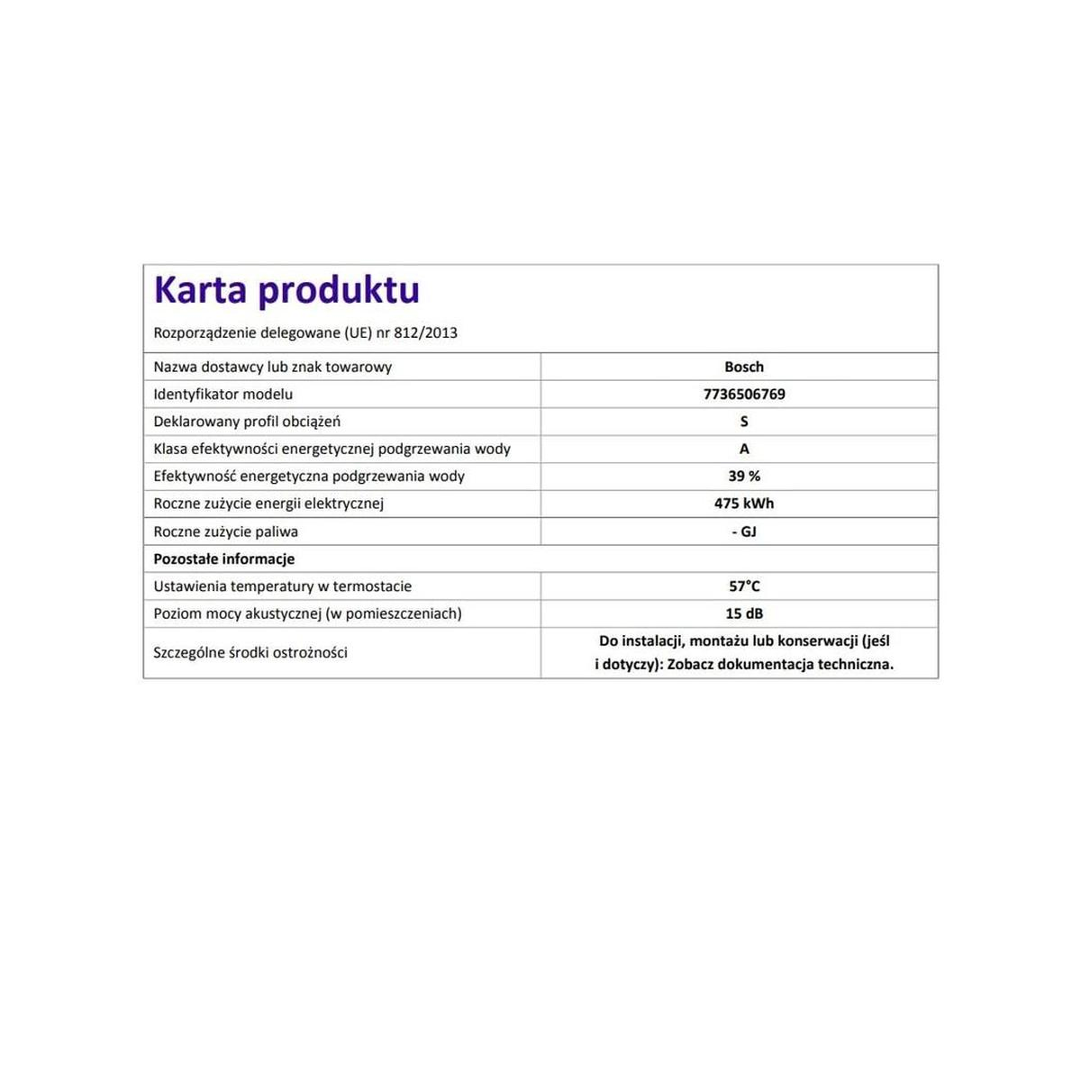 Produktdatenblatt mit Informationen zu Energieeffizienz und technischen Daten von Bosch.