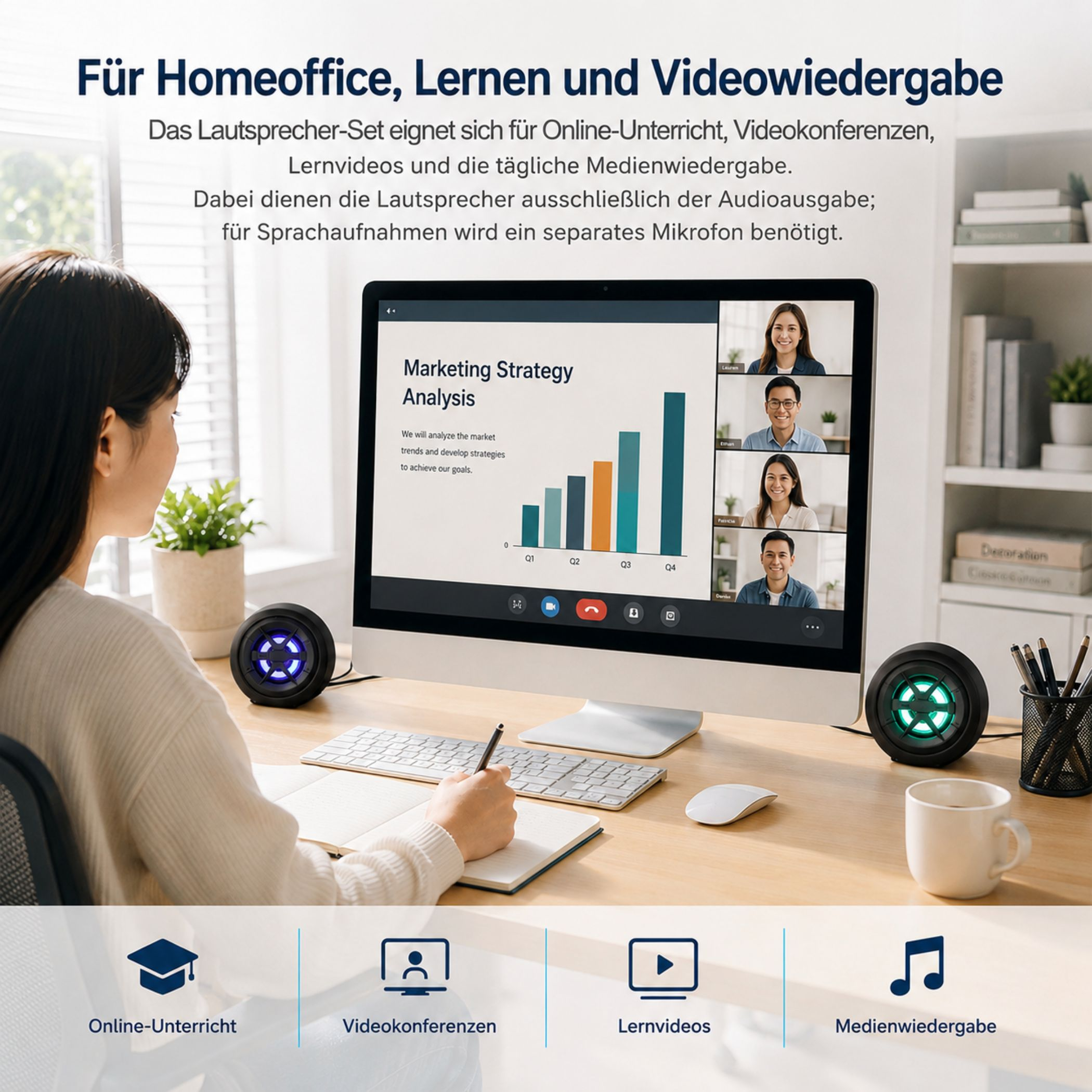 Person am Schreibtisch mit Computer, der eine Videokonferenz zeigt, und zwei Lautsprechern.