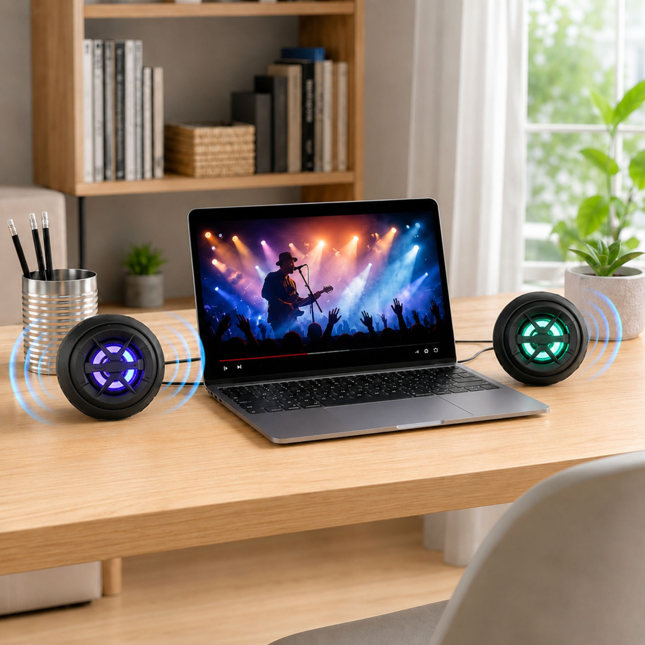 Laptop mit zwei Lautsprechern und Konzertvideo. Blaue und grüne Lichter.