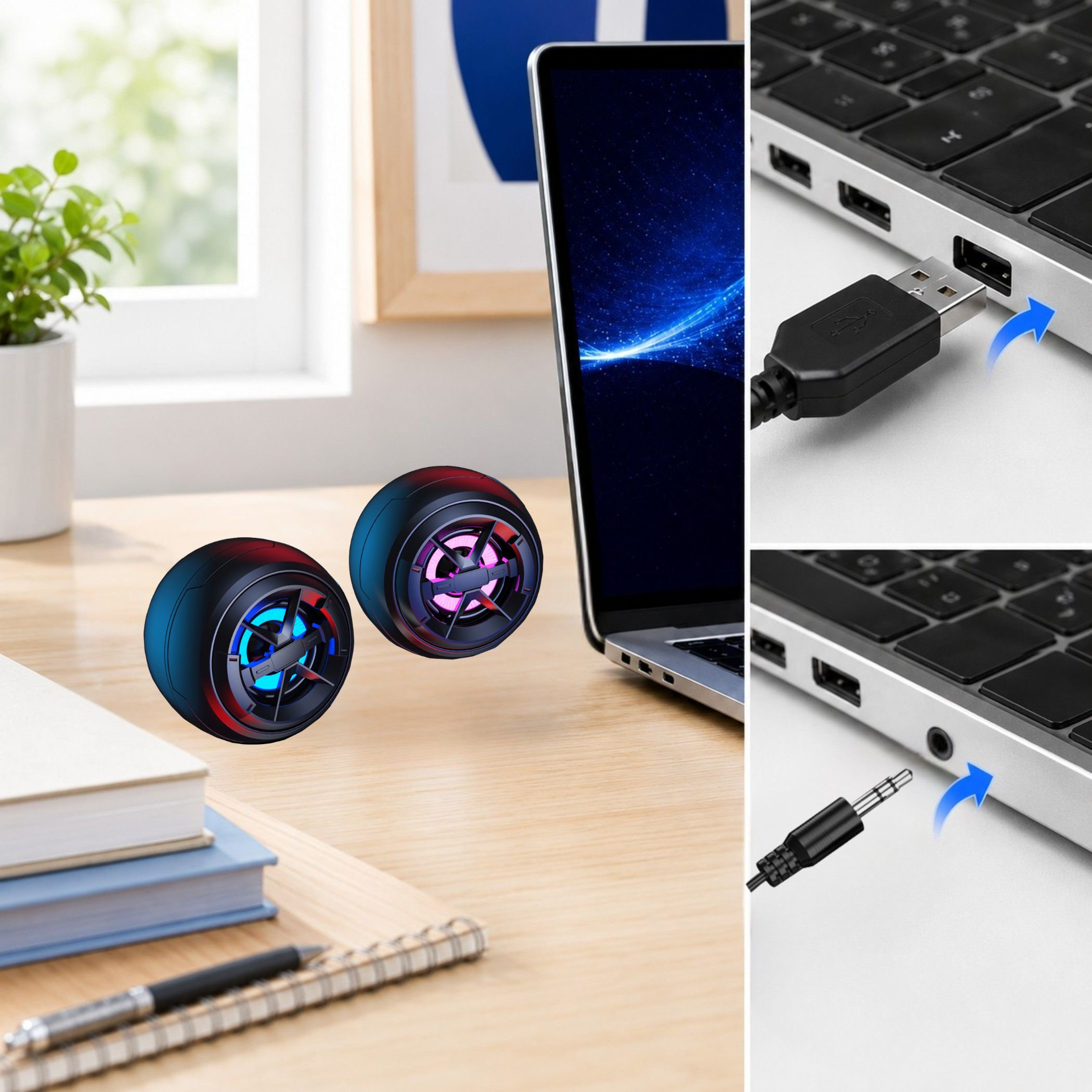 Zwei runde schwarze Lautsprecher mit blauen und roten Lichtern stehen neben einem Laptop.