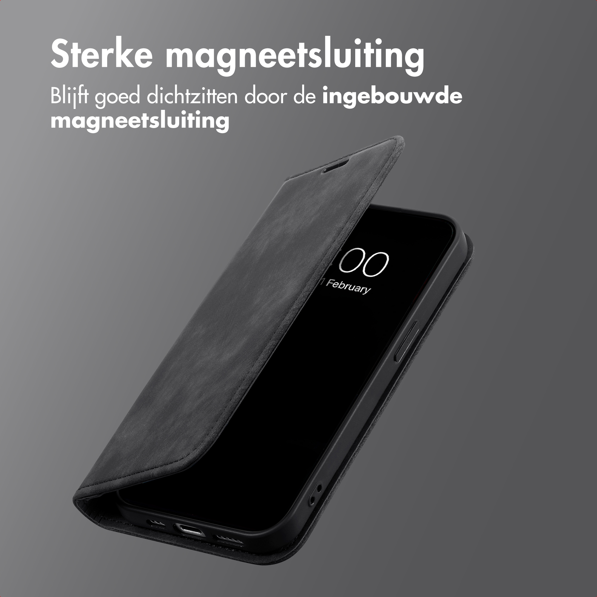 Smartphone noir avec étui à rabat ouvert, l'écran affiche l'heure et la date.
