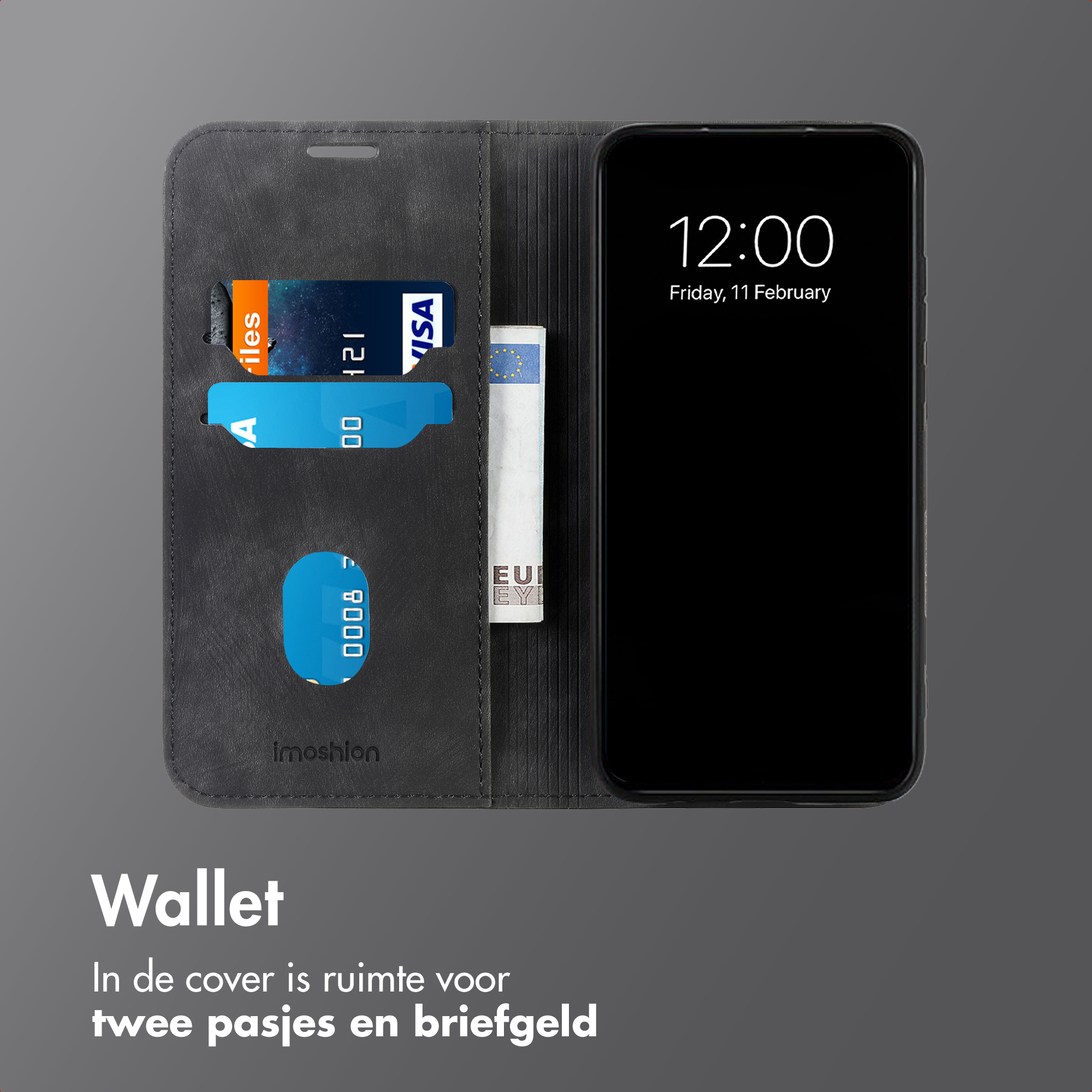 Un étui de téléphone sombre avec des fentes pour cartes et un téléphone affichant 12h00.