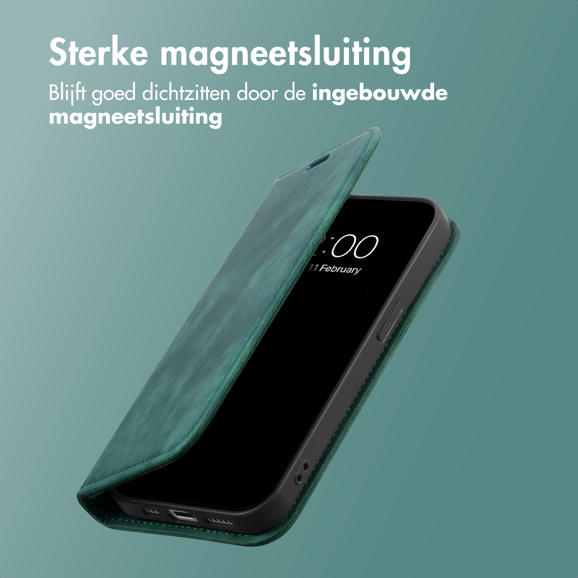Étui de téléphone vert à fermeture magnétique, révélant l'écran.