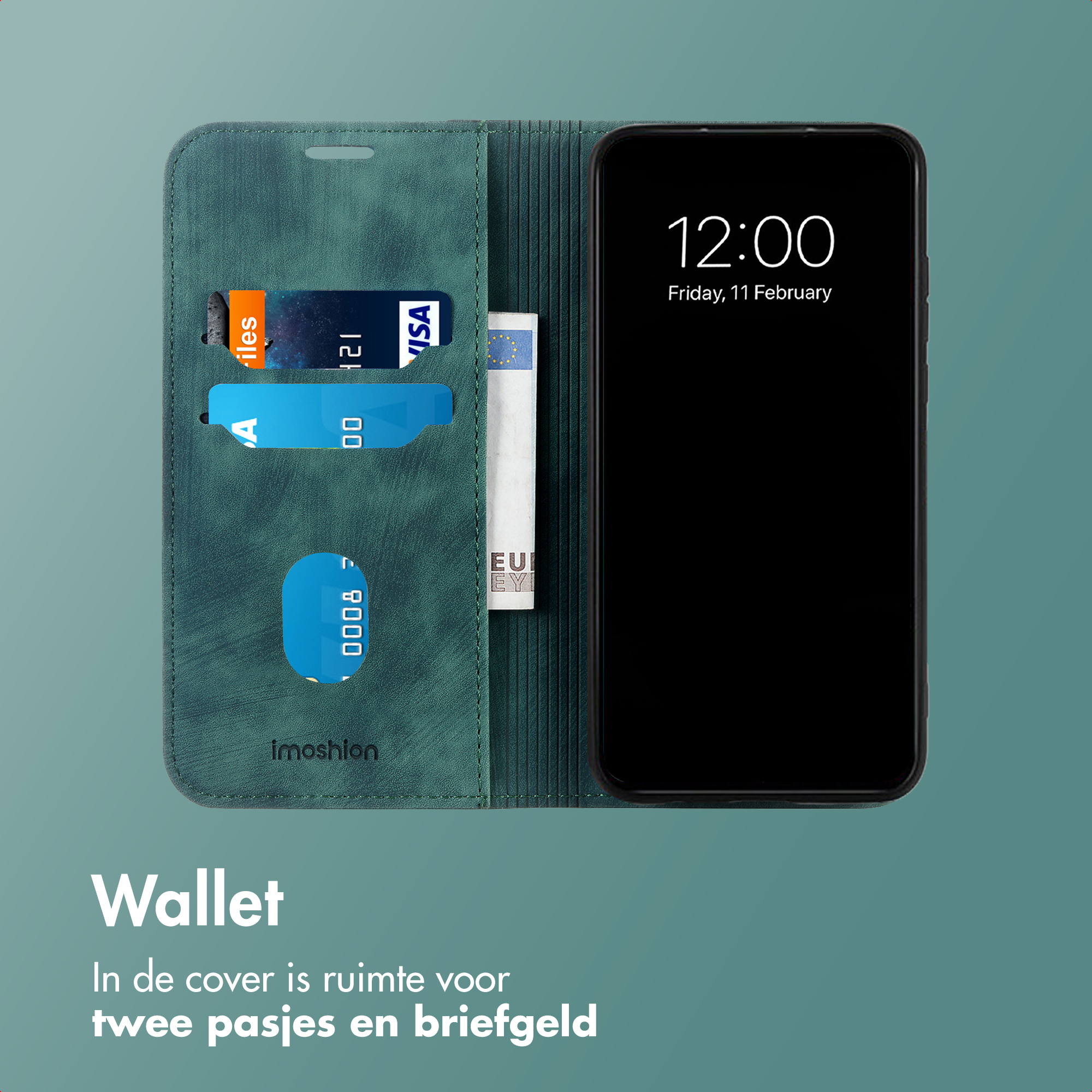 Un portefeuille vert avec téléphone, cartes et billets. Heure 12:00.