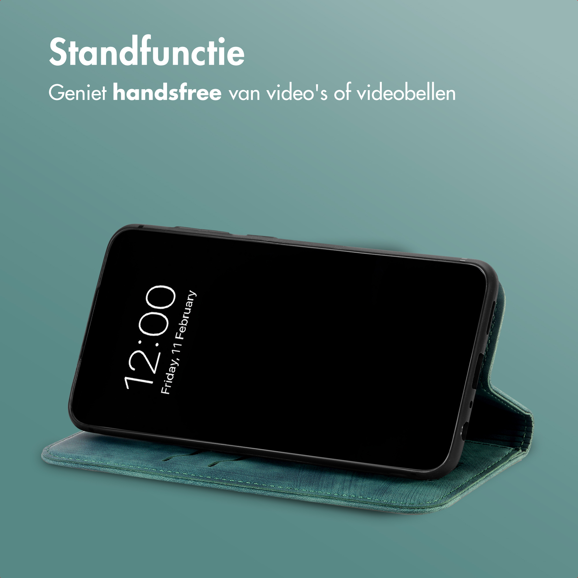 Un smartphone dans un étui turquoise, posé en mode paysage.
