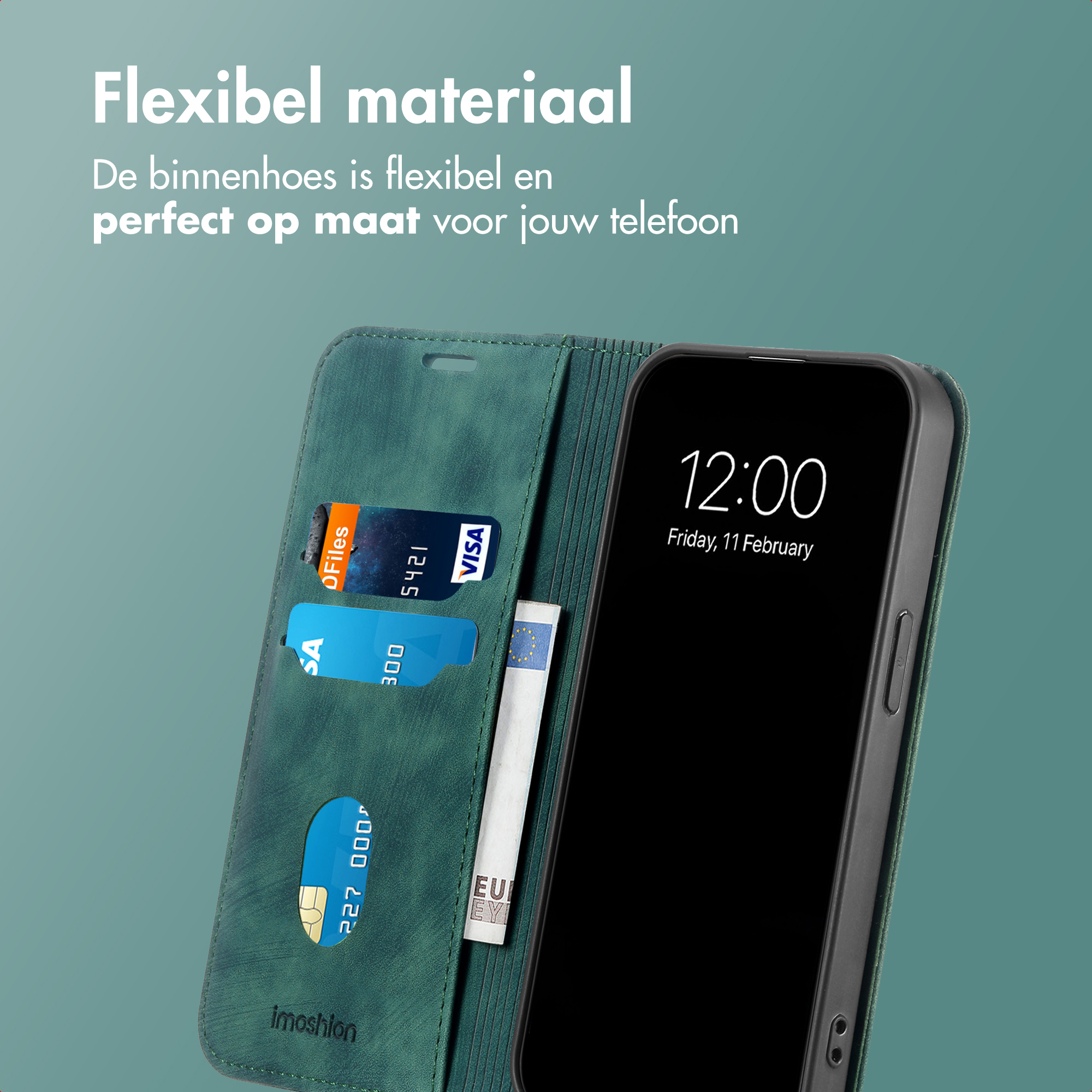 Étui de téléphone vert avec fentes pour cartes, billets et un smartphone affichant 12h00.