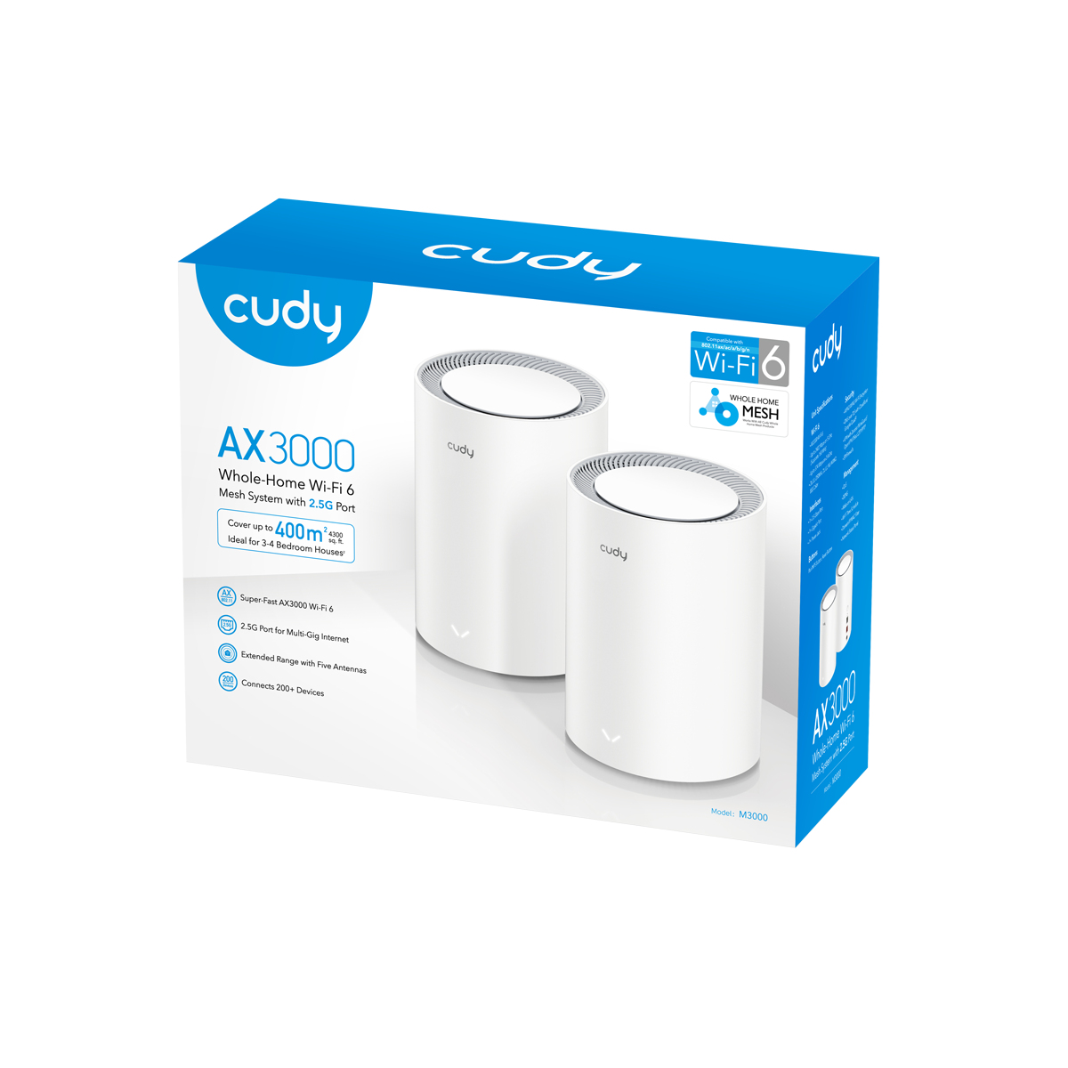Cudy AX3000 Whole-Home Wi-Fi 6 Mesh System mit 2,5 G Port und zwei weißen Einheiten.