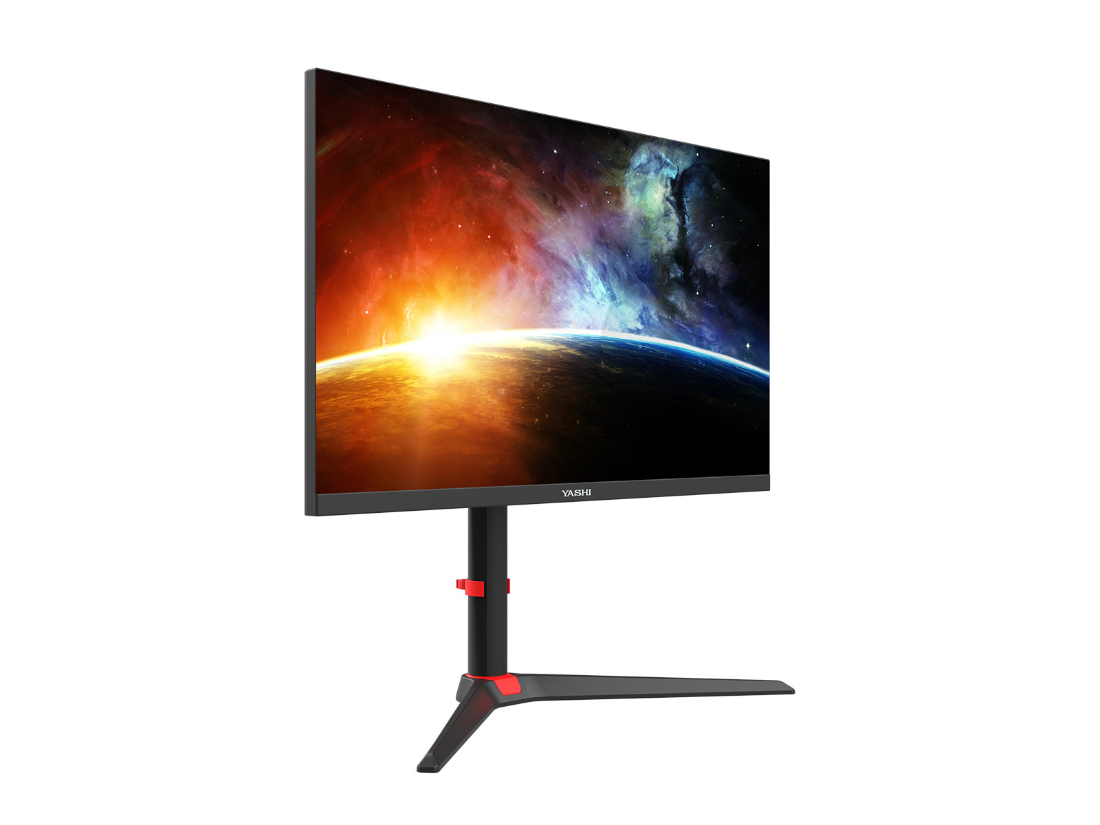 Un monitor con sfondo spaziale, che mostra un pianeta e una galassia.