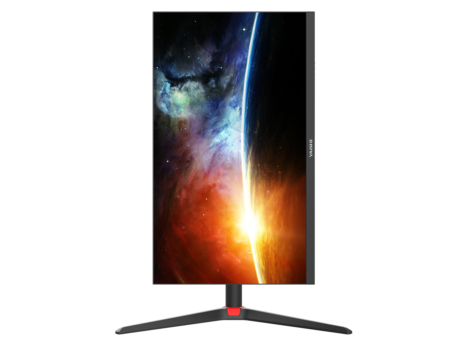 Un monitor da gaming con sfondo spaziale e supporto nero.