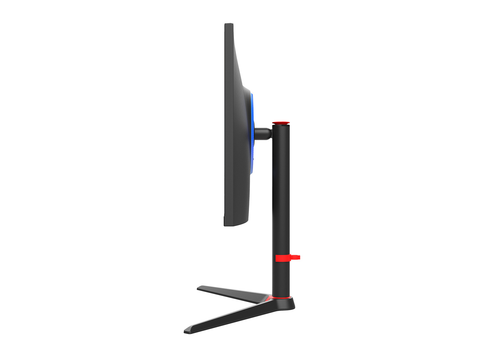 Vista laterale di un monitor nero con accenti blu su supporto nero con dettagli rossi.