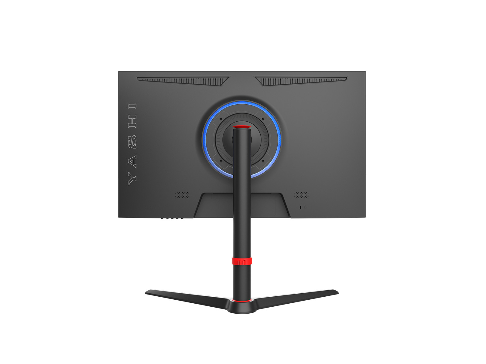 Retro di un monitor nero con anello luminoso blu e logo YASHI.
