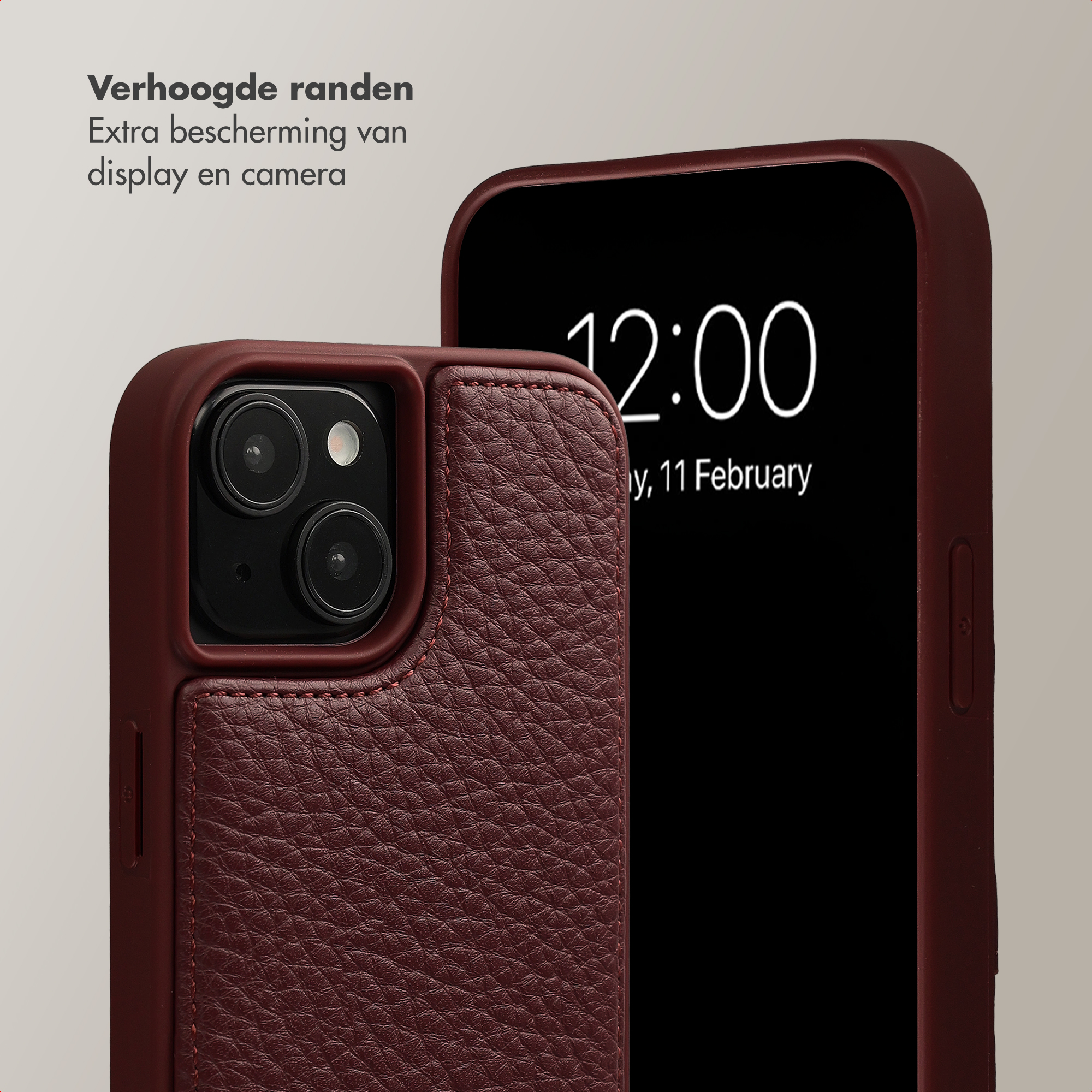 Dark red phone with leather case, showing 12:00 and date.