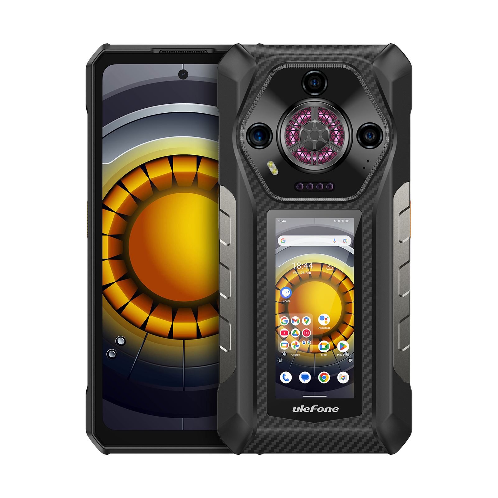 Czarny smartfon Ulefone z wyrazistym modułem aparatu i kolorową tapetą na ekranie.
