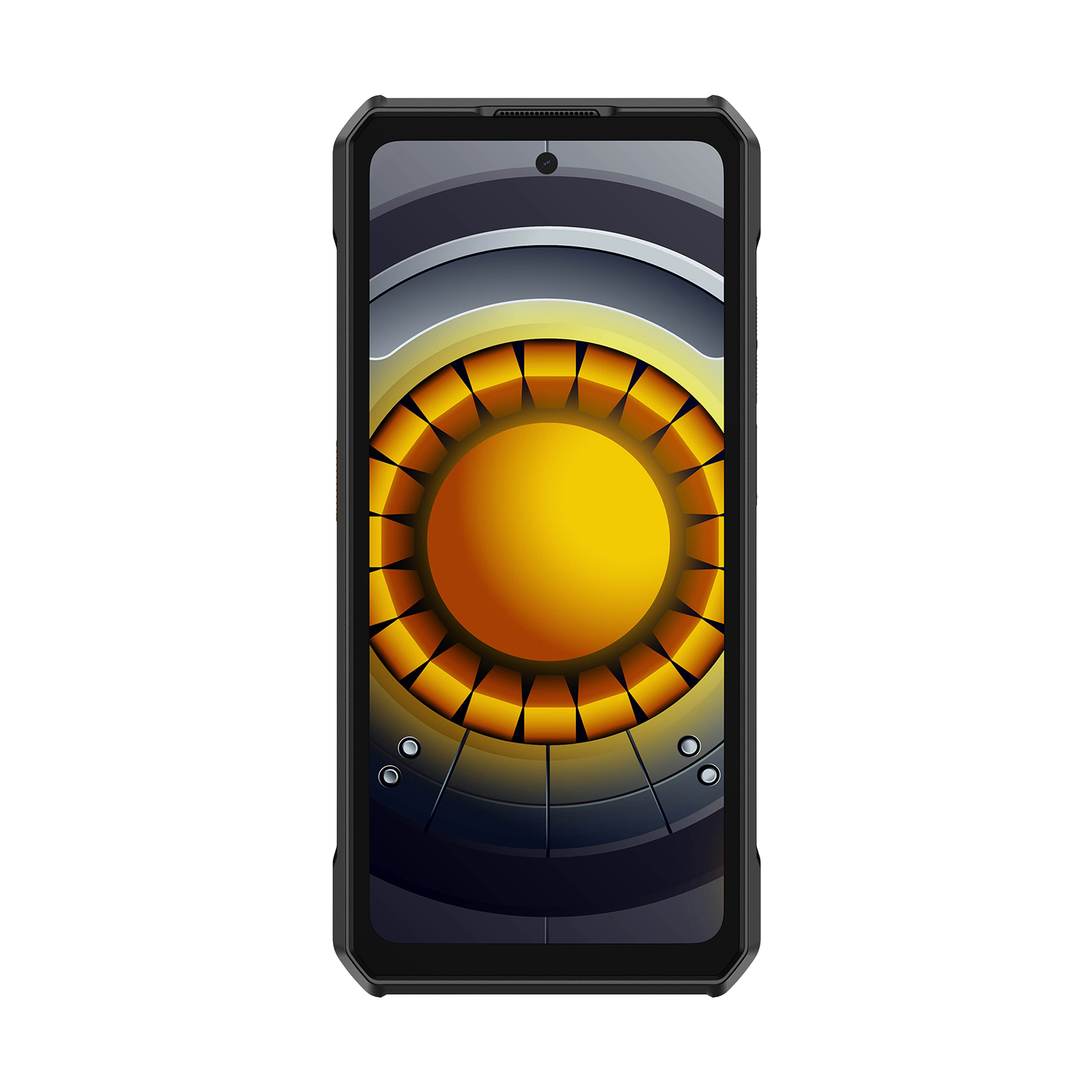 Czarny smartfon wyświetlający efektowną tapetę przypominającą słońce.