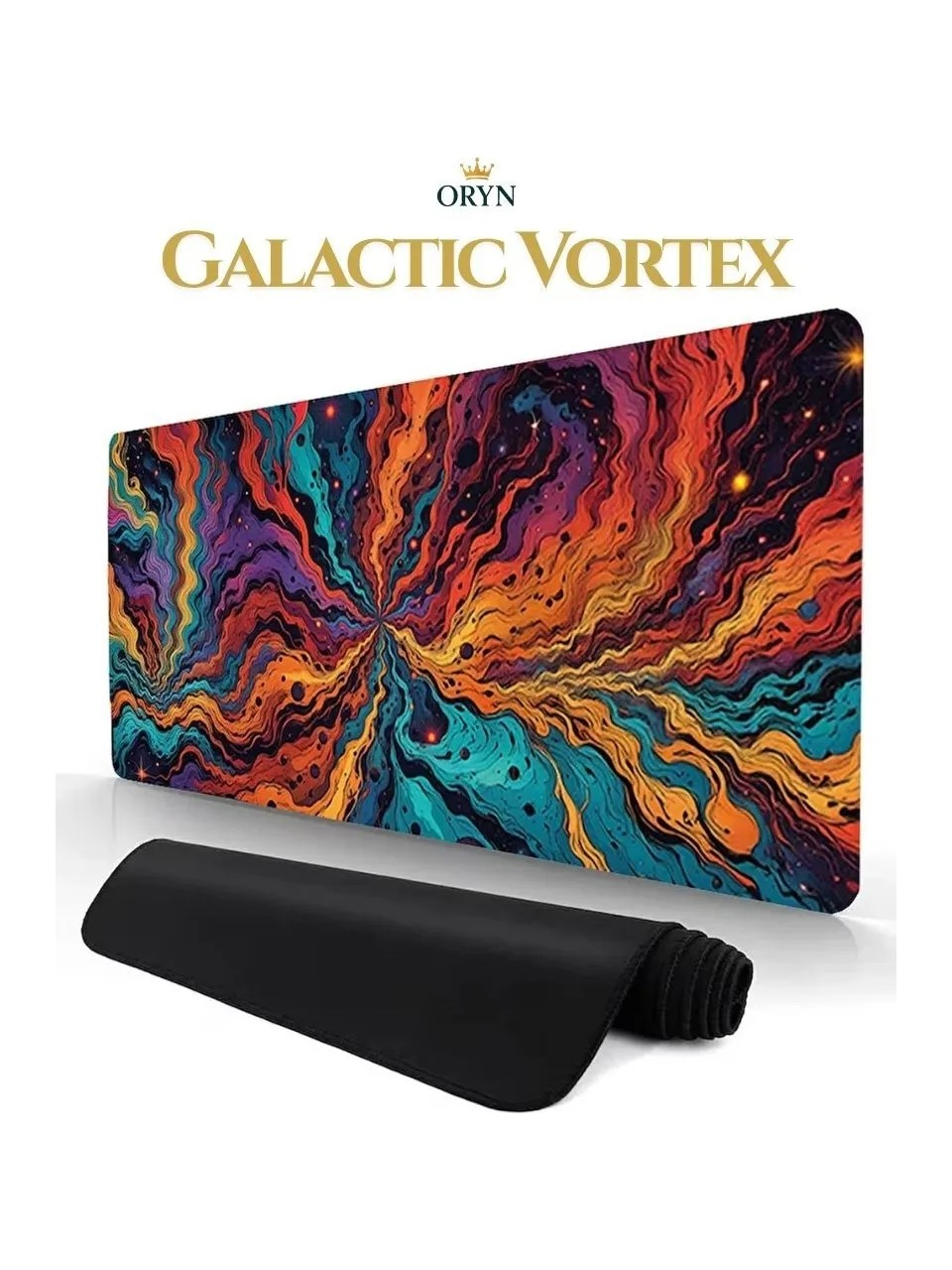 Galaktik girdap desenli bir mousepad'in önünde siyah bir mousepad rulosu duruyor.