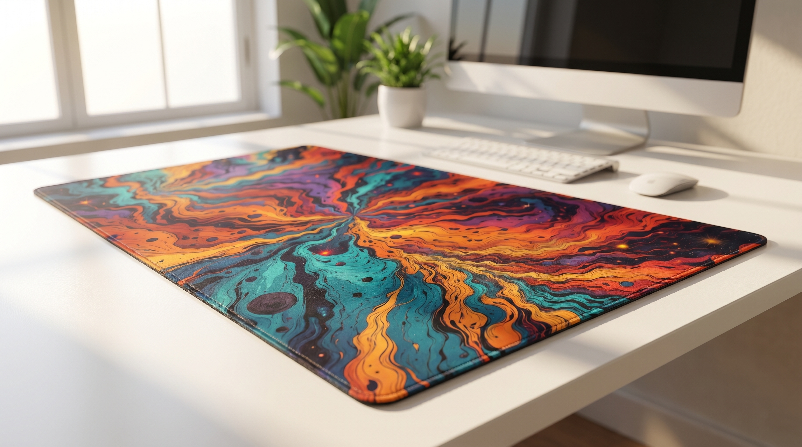 Bilgisayarlı beyaz bir masada renkli, soyut, girdaplı desenli mousepad.